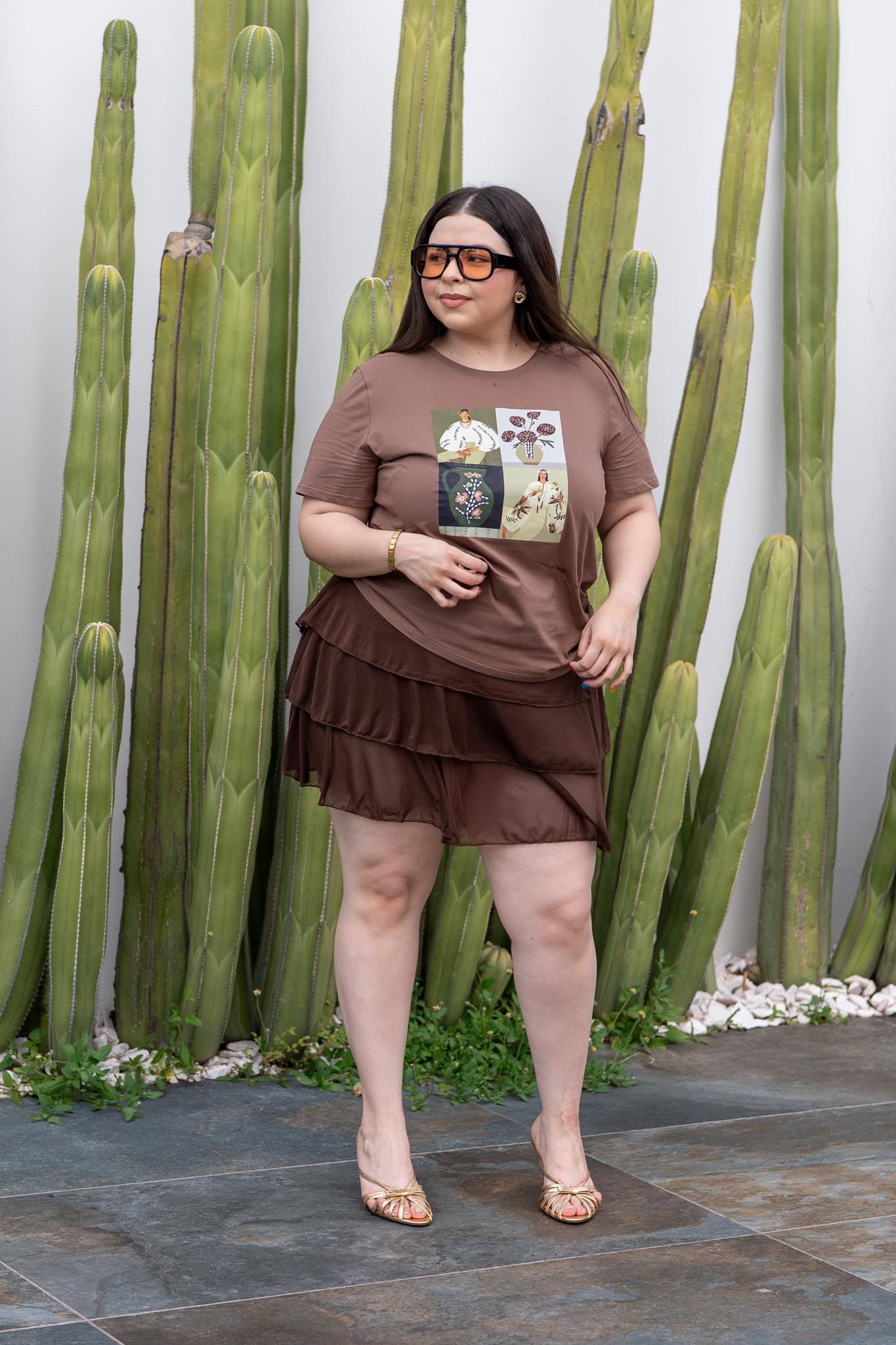 Blusa Cuello Redondo Estampado Abstracto Curvy Café