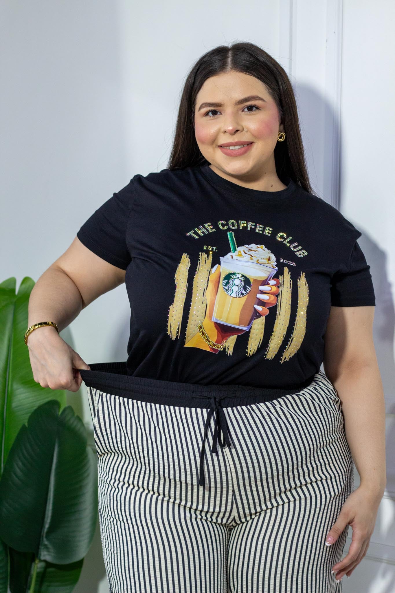 Pantalón curvy rayas b&n con elastico en cintura