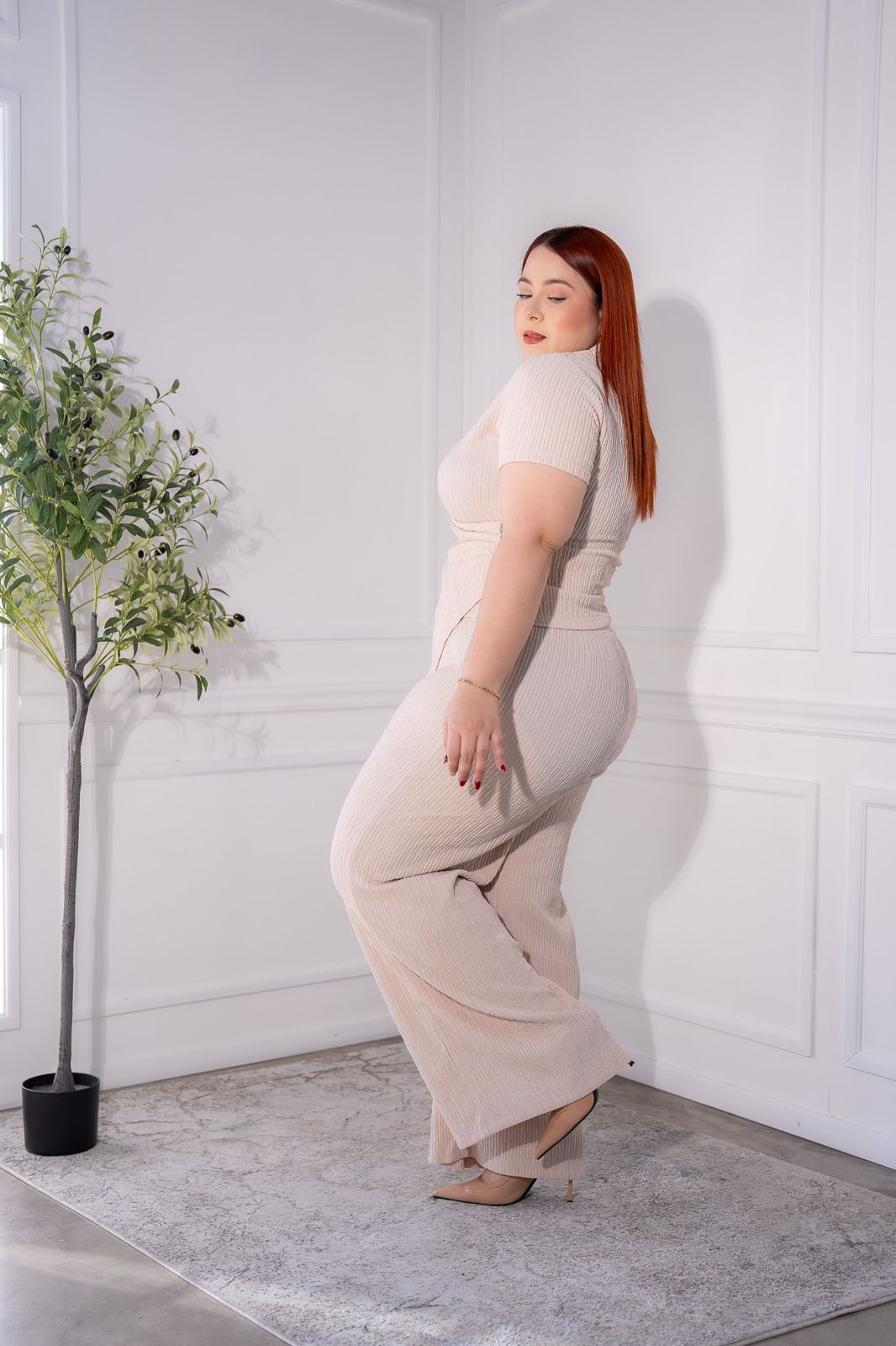 Set pantalon acanalado beige