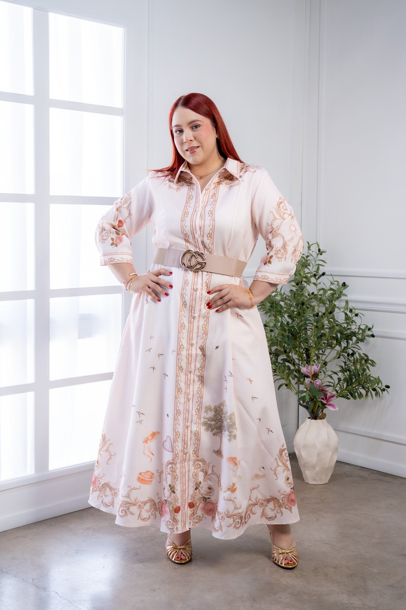 Maxi Vestido Curvy Camisero Estampado Rosa