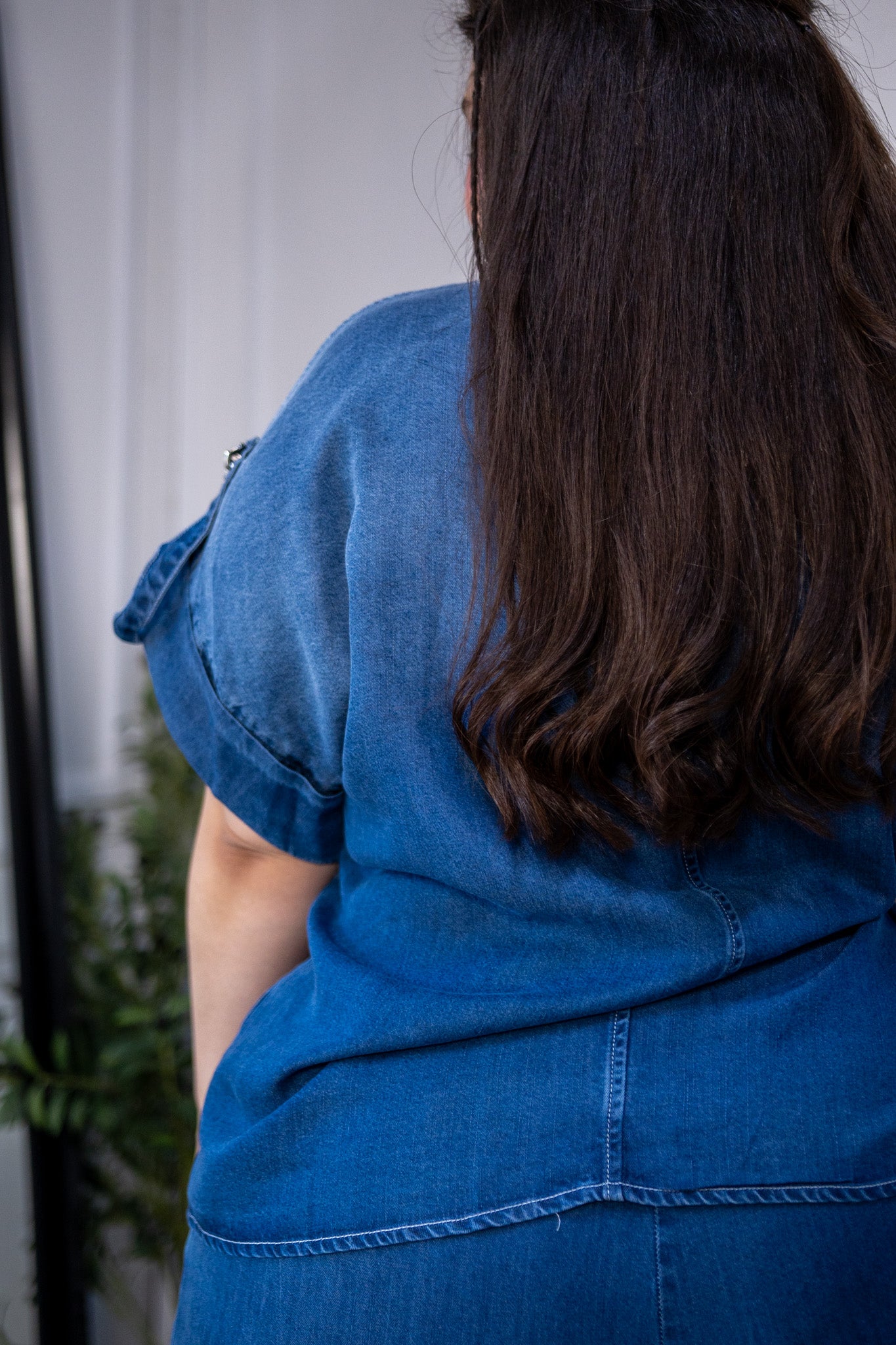 Set Camisa y Pantalon Wide Leg Curvy Liso Denim Oscuro