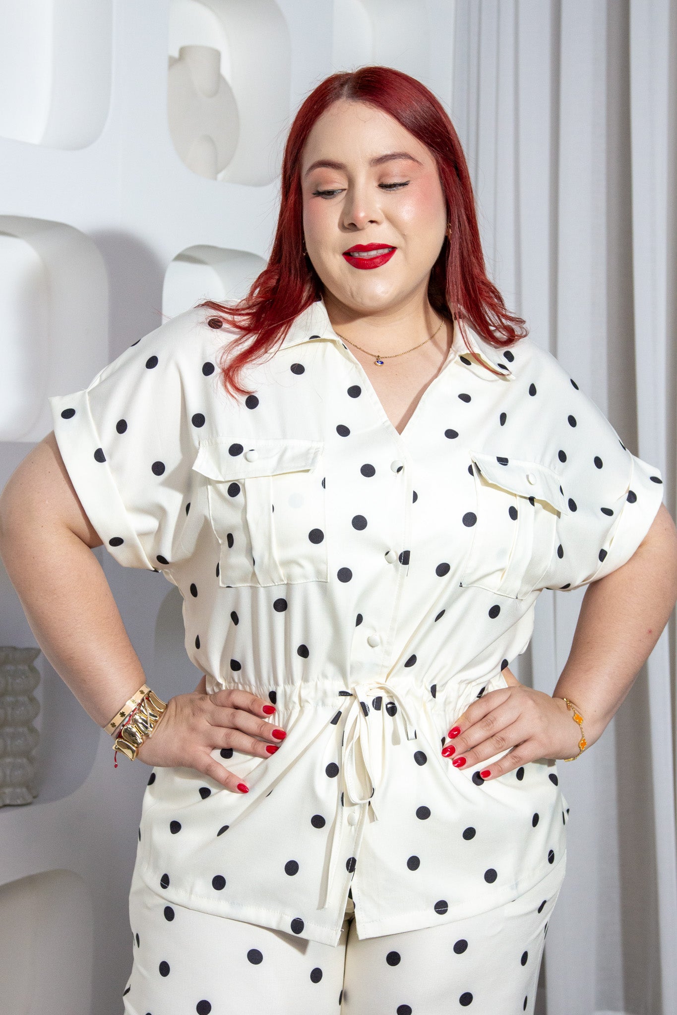 Set Curvy Zafari Polka Camisa Pantalon Wide Beige