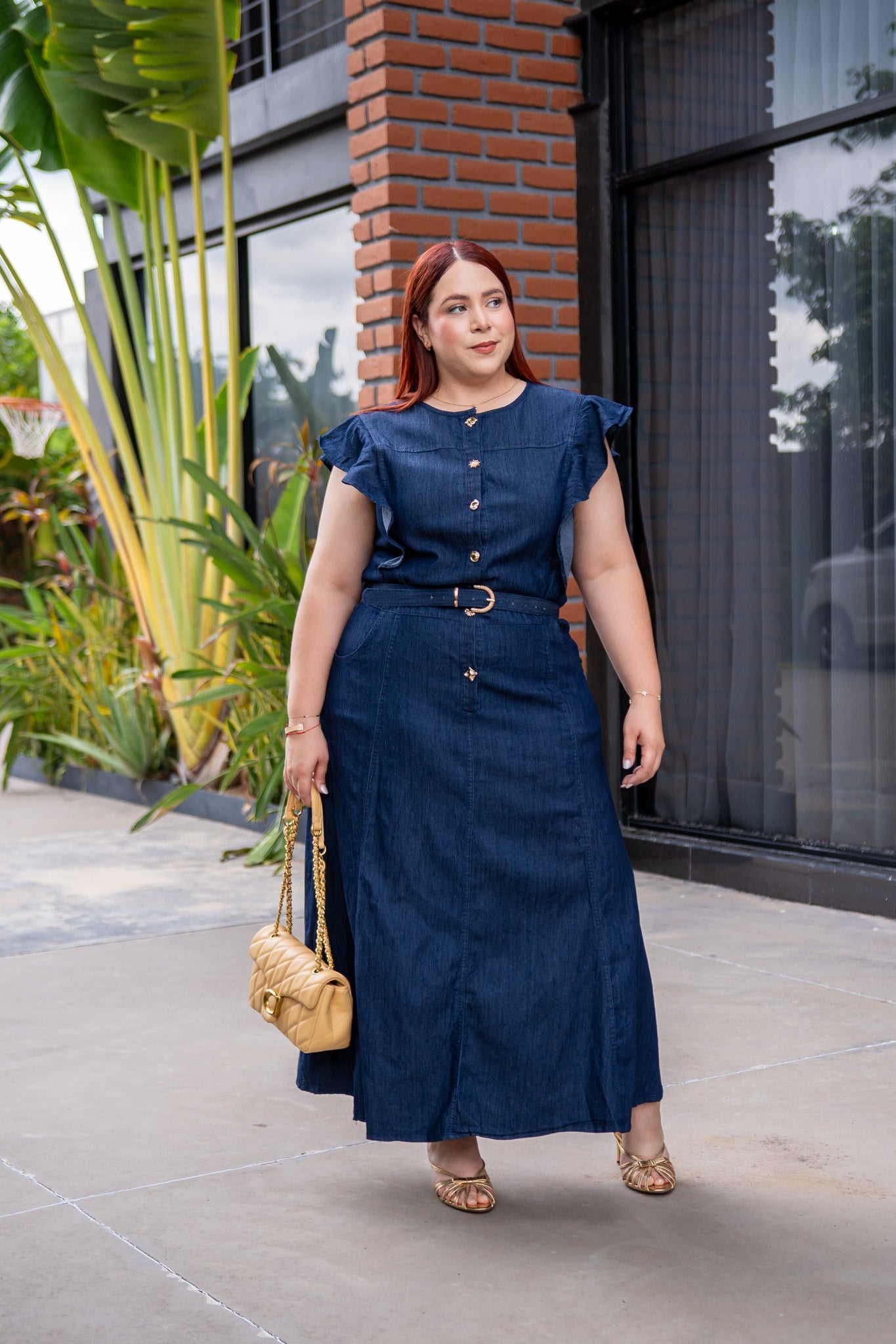 Maxi Vestido Curvy Denim Camisero con Cinto Oscuro