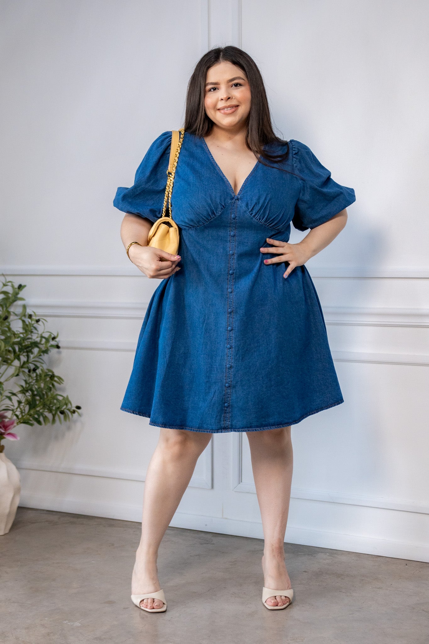 Vestido Denim Curvy Manga Globo Escote V