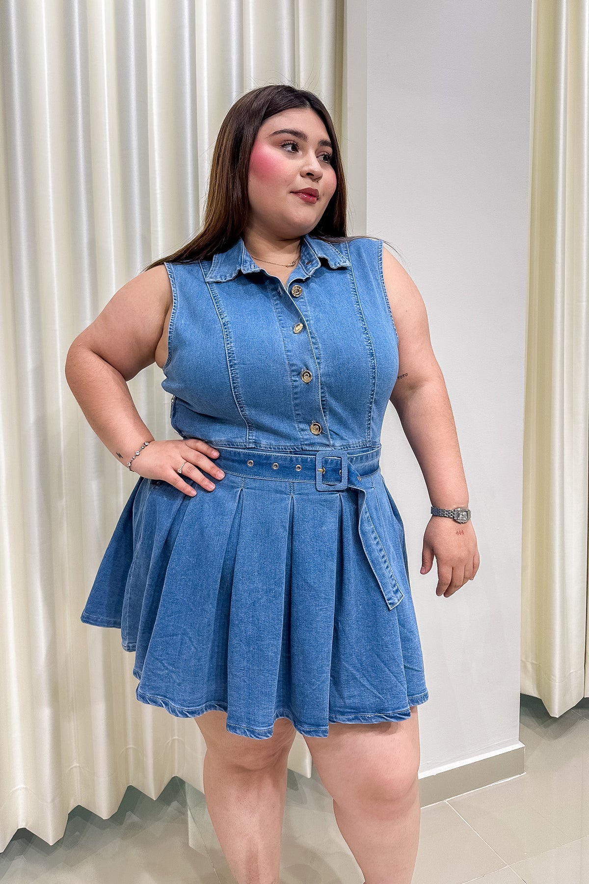 Vestido Corto Denim con Lazo Curvy Claro