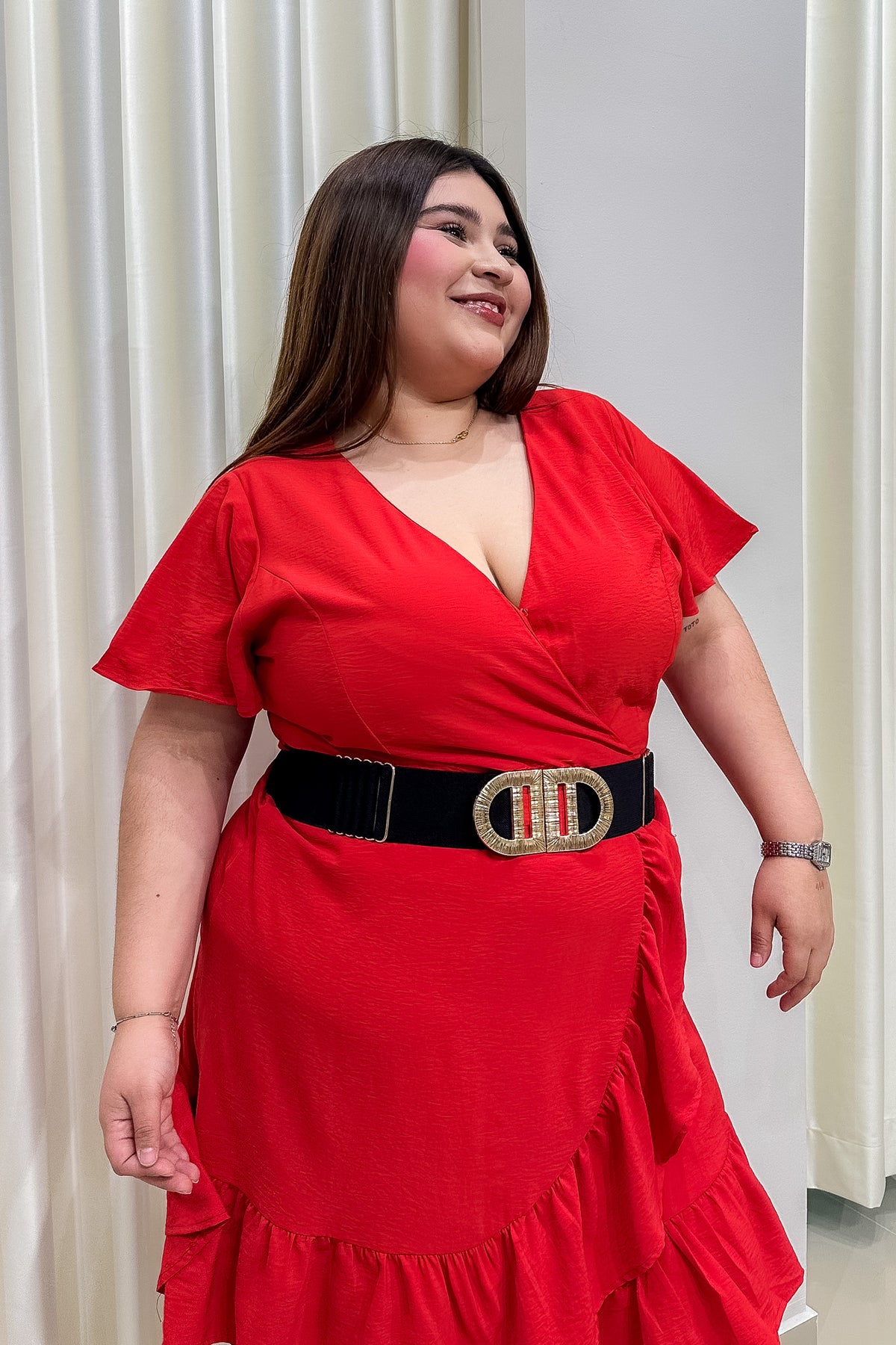 Vestido Curvy Cruzado Manga Amplia Holán Rojo