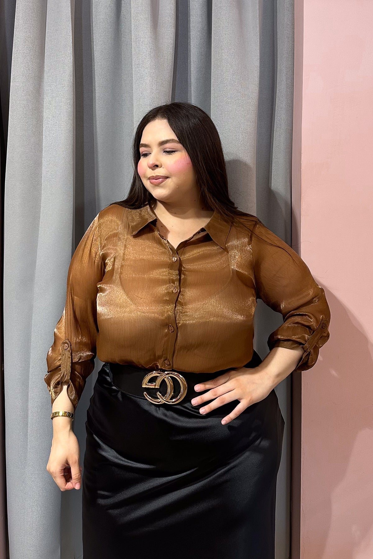 Falda Midi Curvy Satín Fluida Cintura Alta Negro