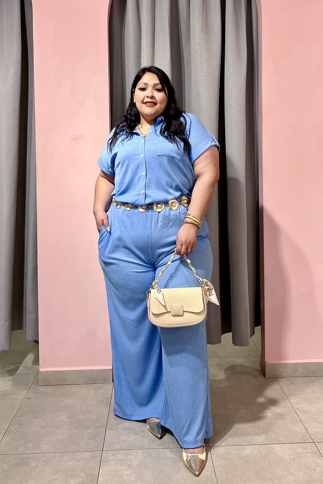 Conjunto Curvy 2 Piezas Tela Ligera Camisa y Pantalón Fluido