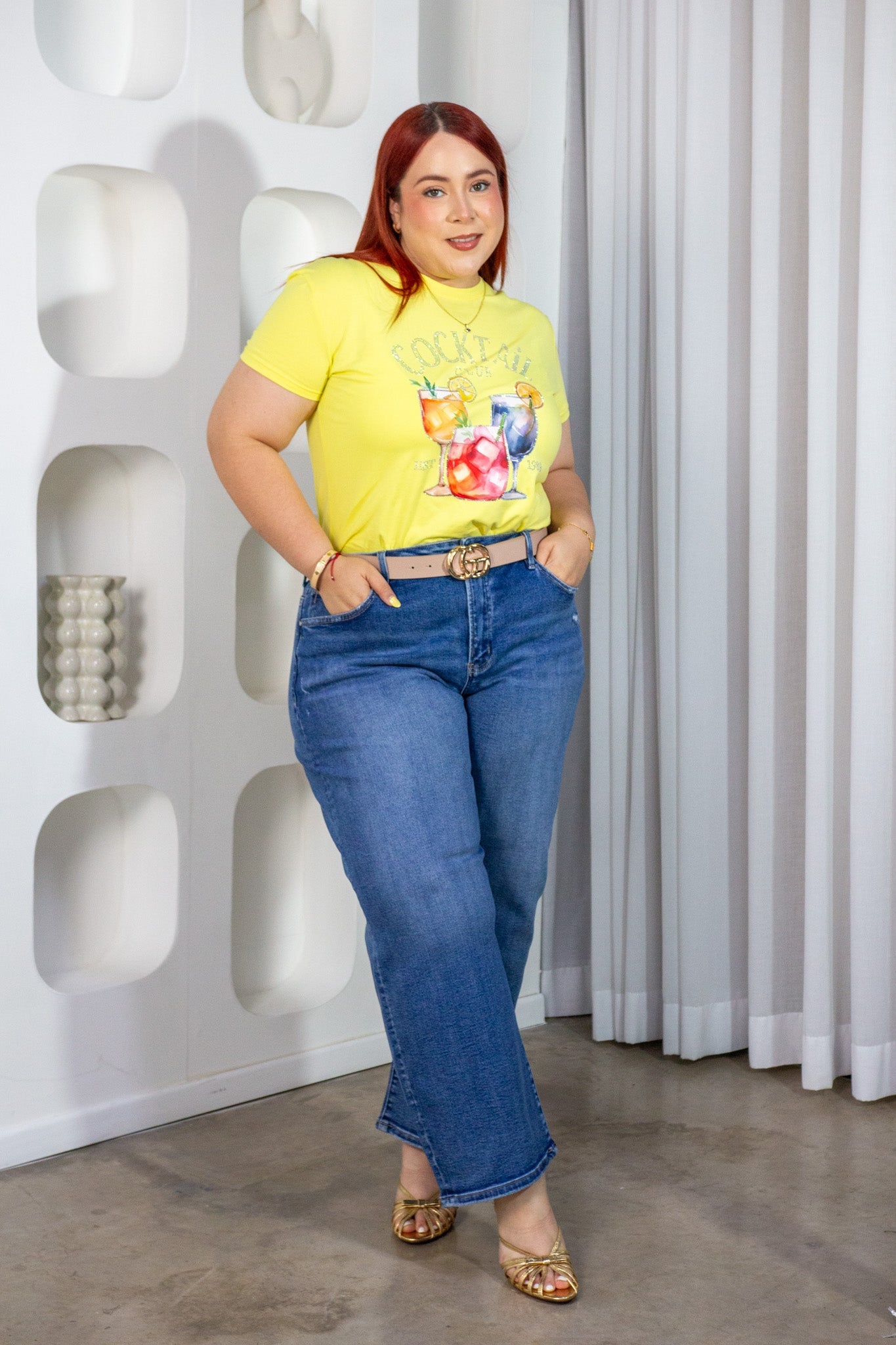 Playera Curvy Cocktail Club Pedrería Amarillo Limón