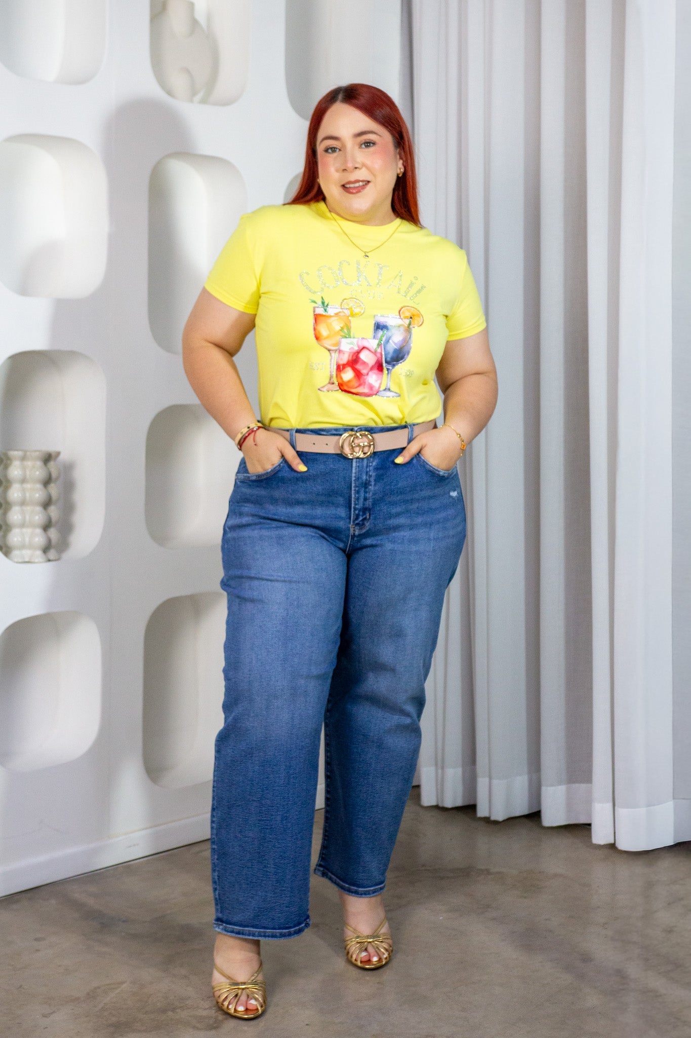 Playera Curvy Cocktail Club Pedrería Amarillo Limón