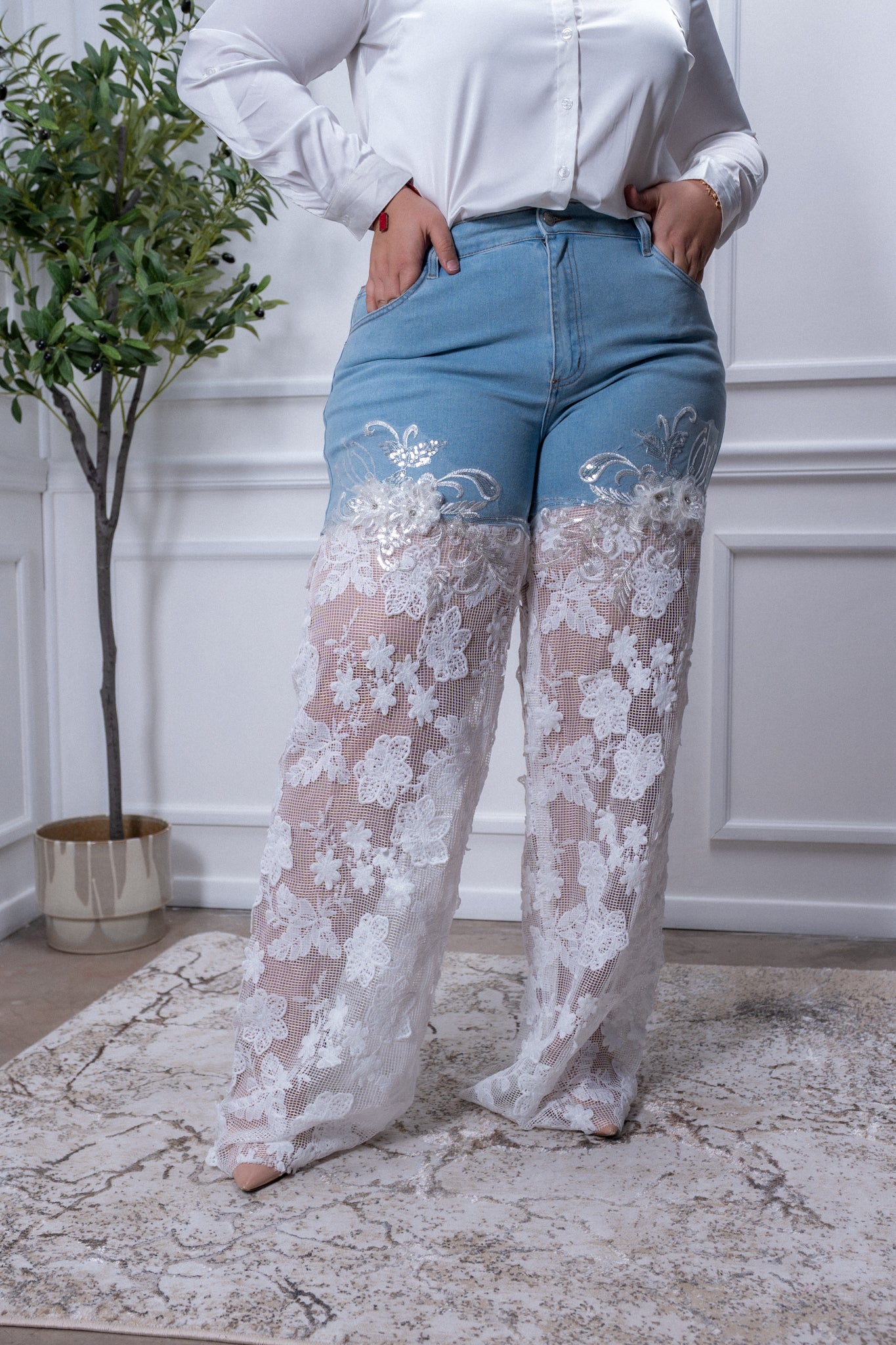 Jeans c/encaje denim claro