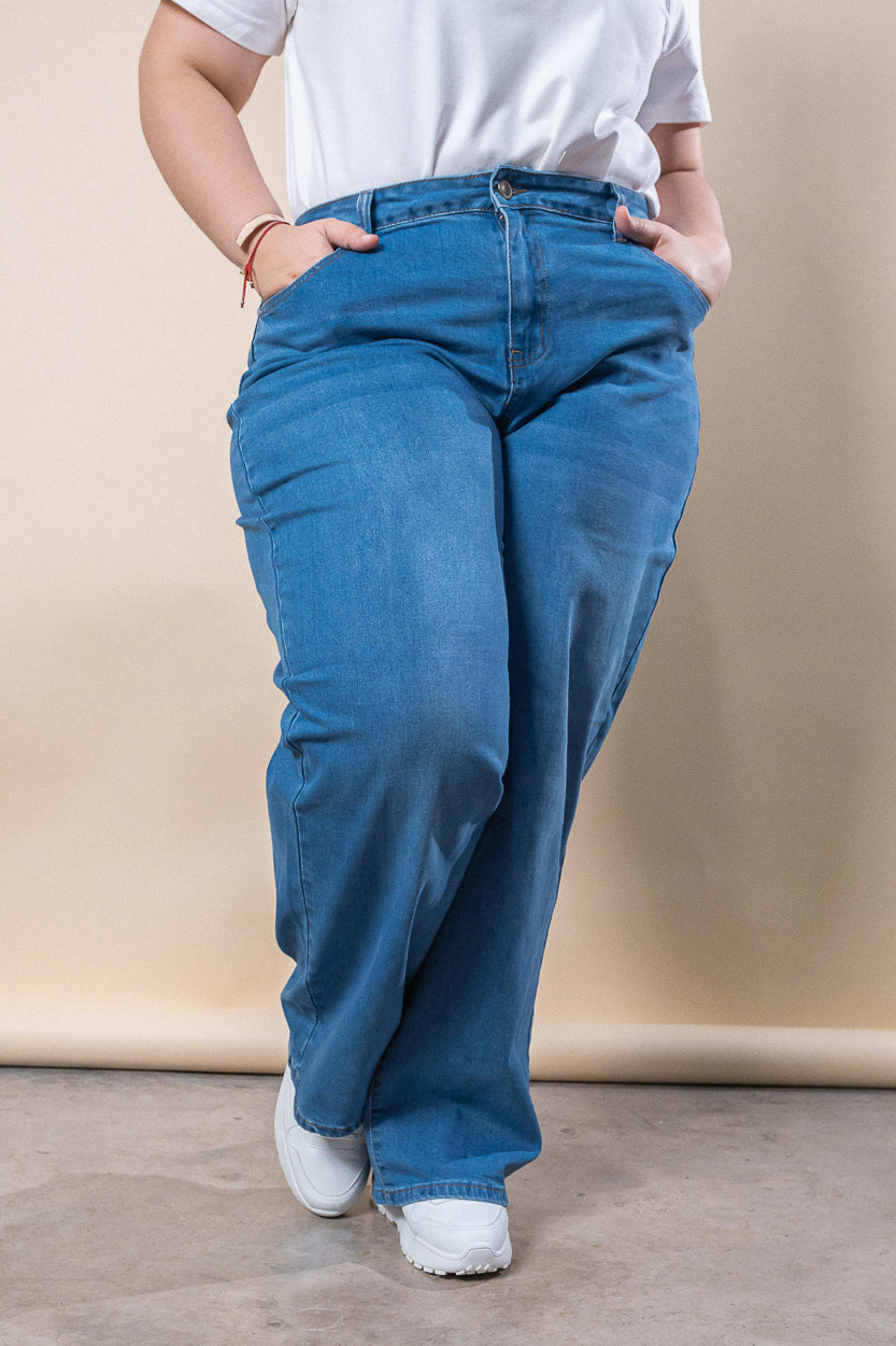 Plain blue wide leg jeans