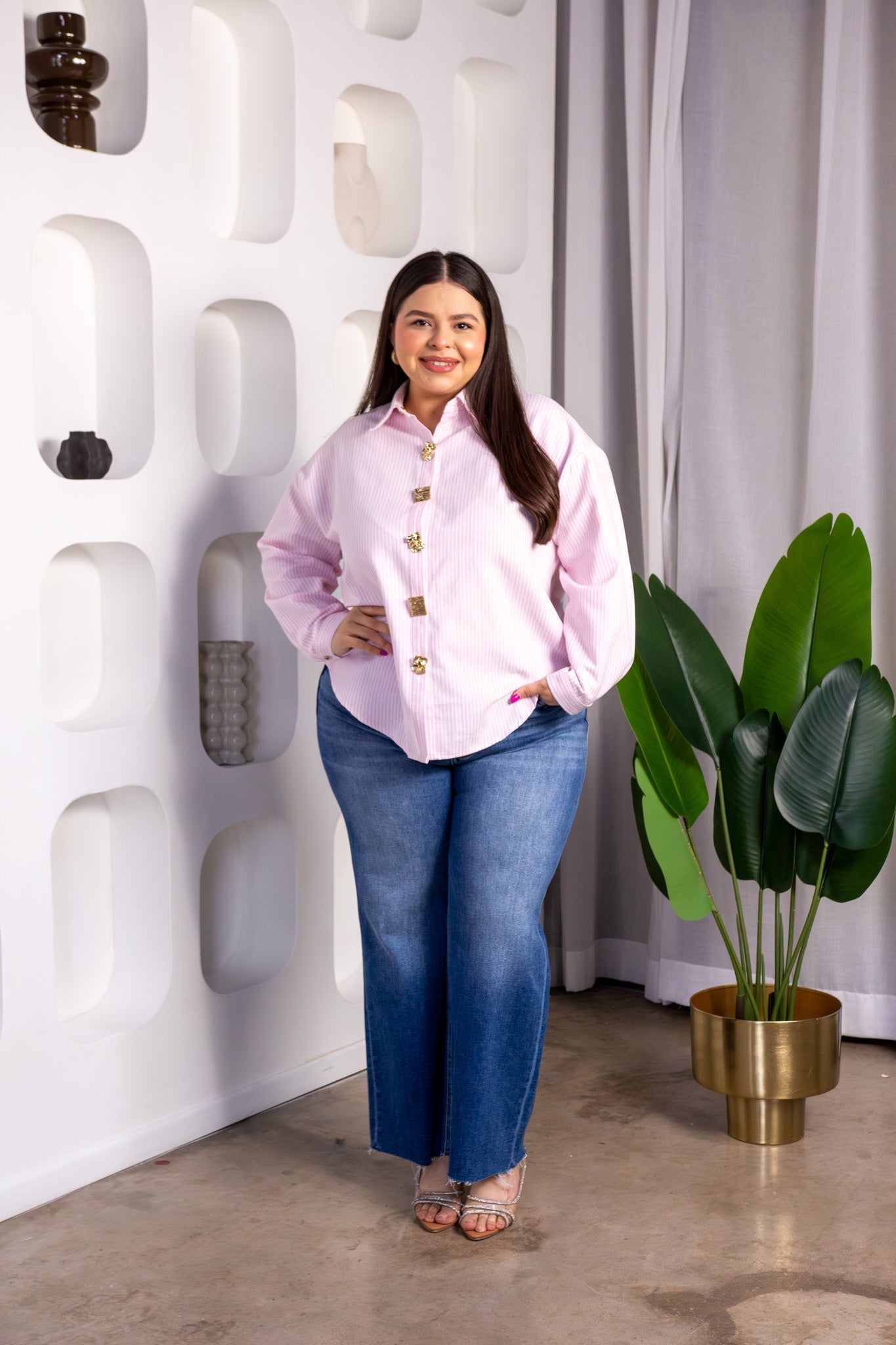 Camisa Curvy Lino Rayas Rosa - Vista 2
