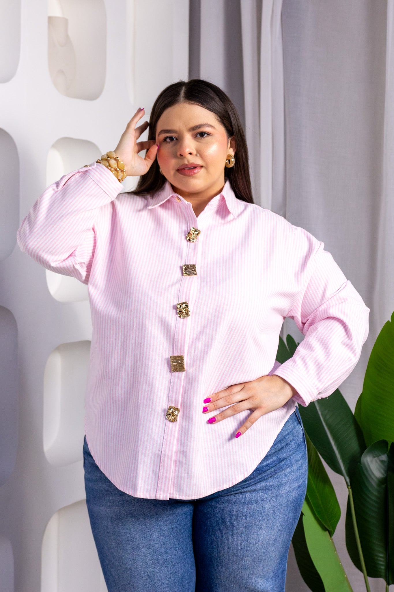 Camisa Curvy Lino Rayas Rosa - Vista 3