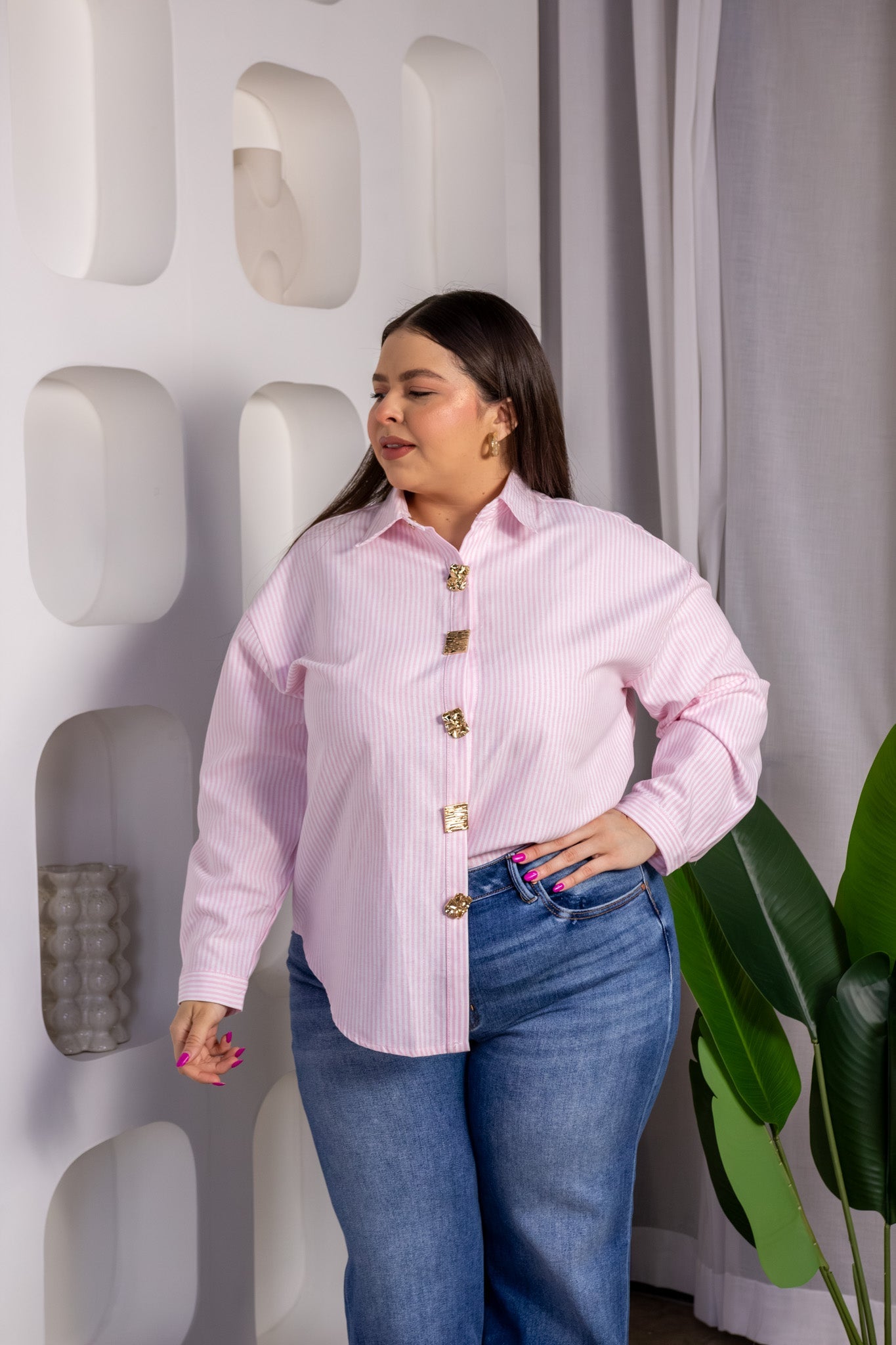 Camisa Curvy Lino Rayas Rosa - Vista 5