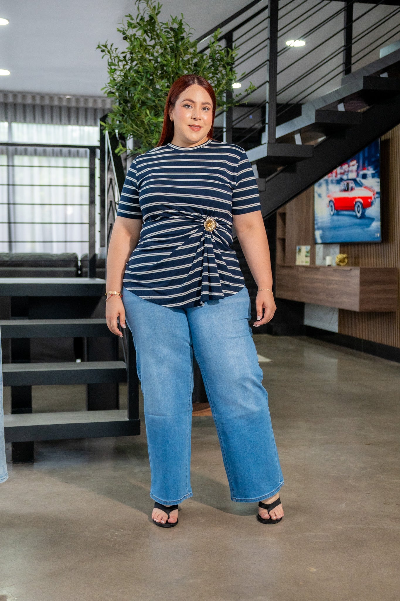 Blusa Curvy Rayas Escote V con Detalle Surcido Navy