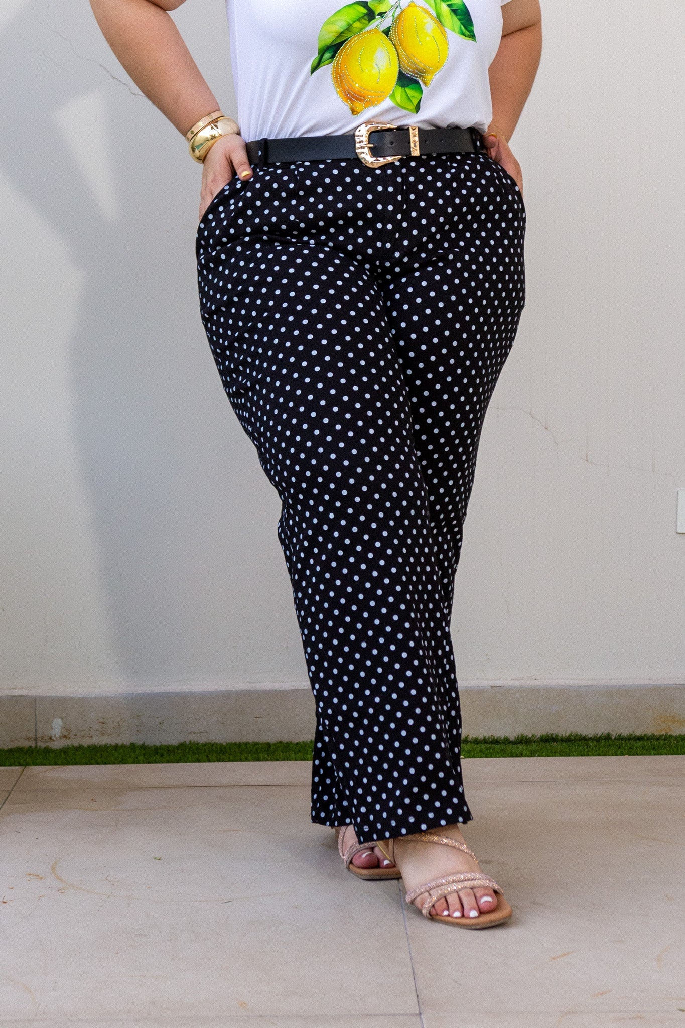 Pantalón Curvy Polka Dots Cintura Alta Negro Blanco