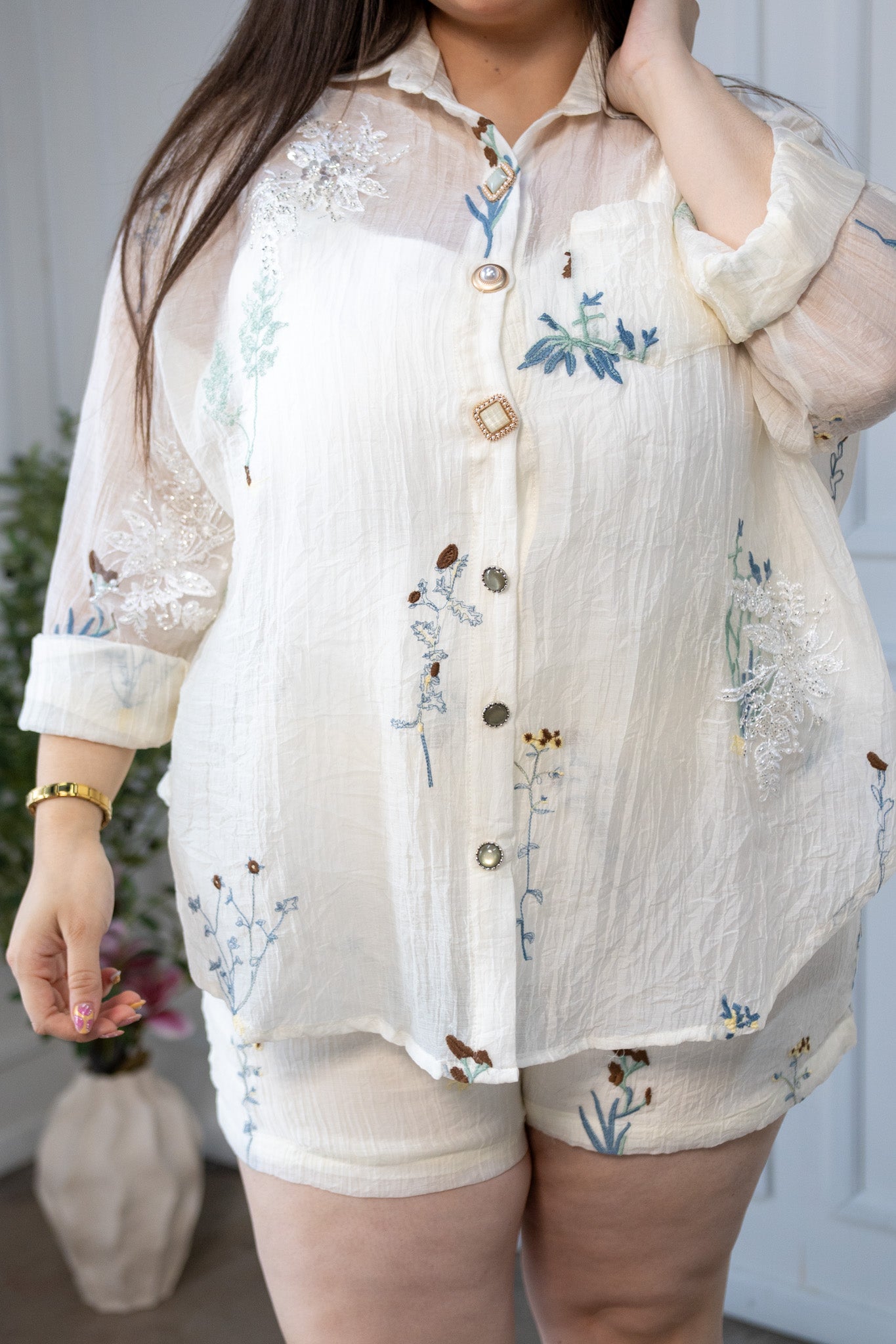 Set Camisa Bordada Curvy Manga Larga y Short Ivory