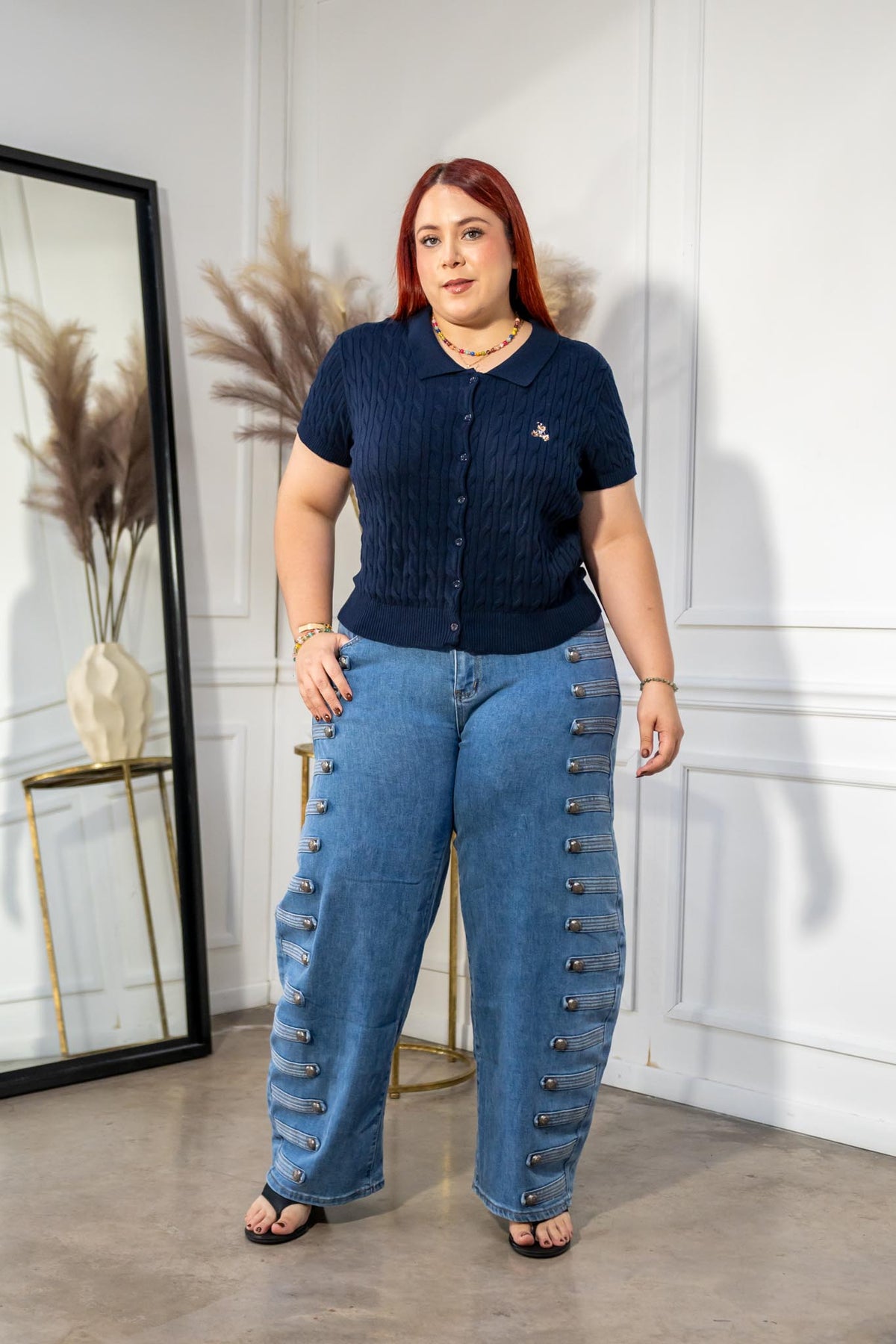 Jeans Curvy Botones Laterales Barrel Azul Claro