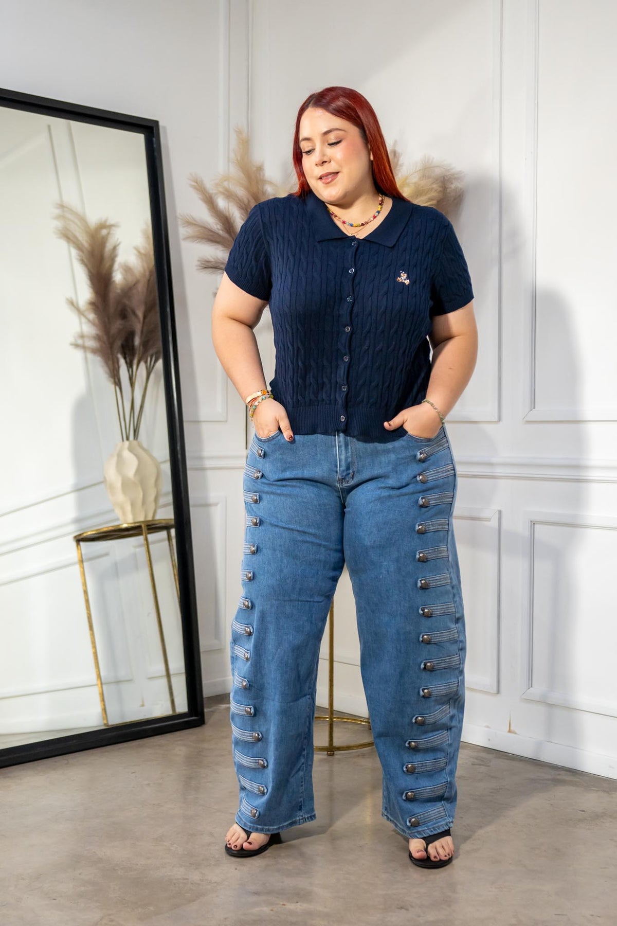Jeans Curvy Botones Laterales Barrel Azul Claro