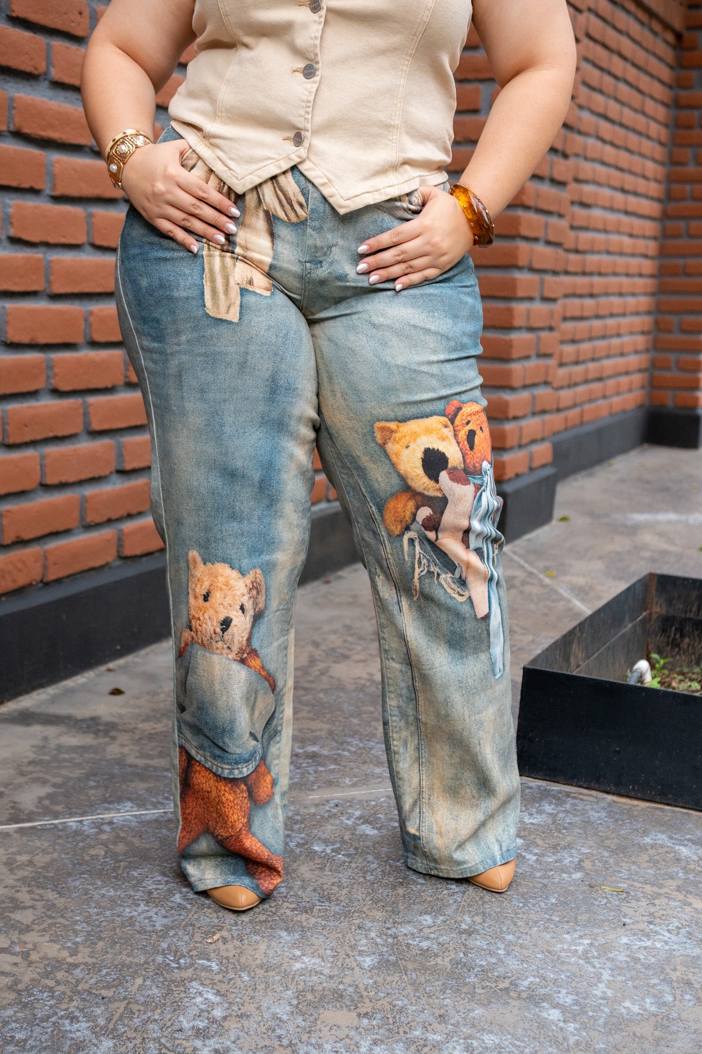 Jeans Recto Print Osos Curvy Cafe