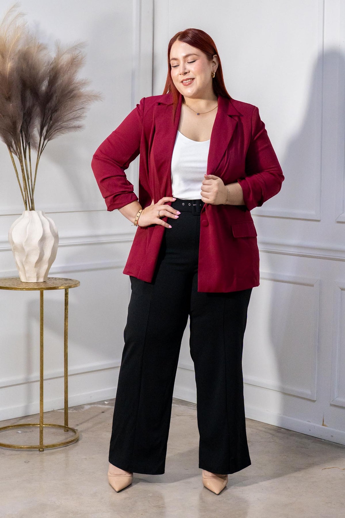Blazer Curvy Solapa Bolsillos Burgandy