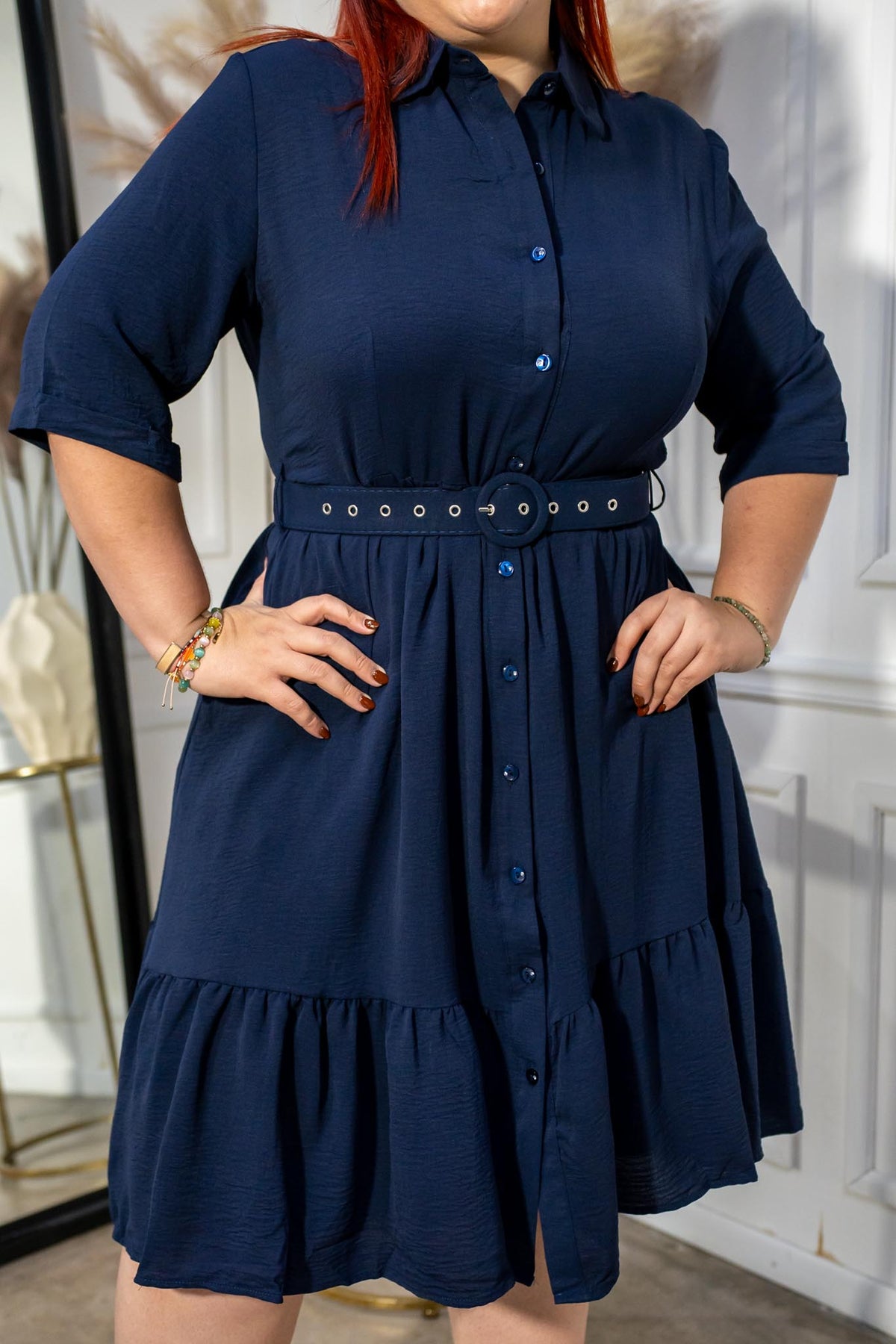 Vestido Camisero Curvy Manga 3/4 Azul Marino