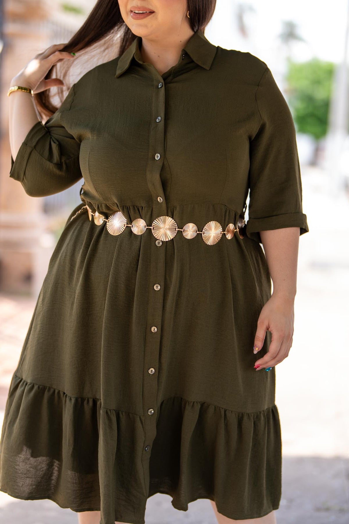 Vestido Camisero Midi con Holán Curvy Olivo