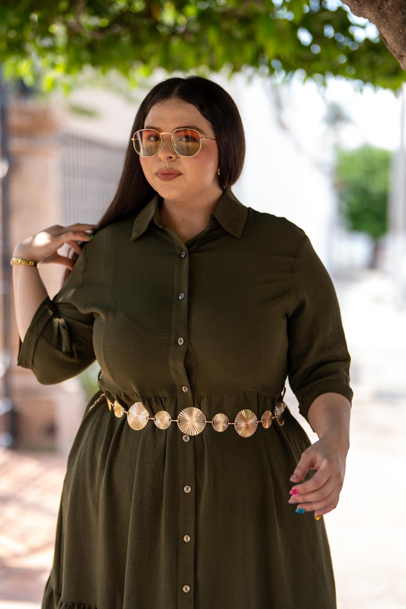 Vestido Camisero Midi con Holán Curvy Olivo