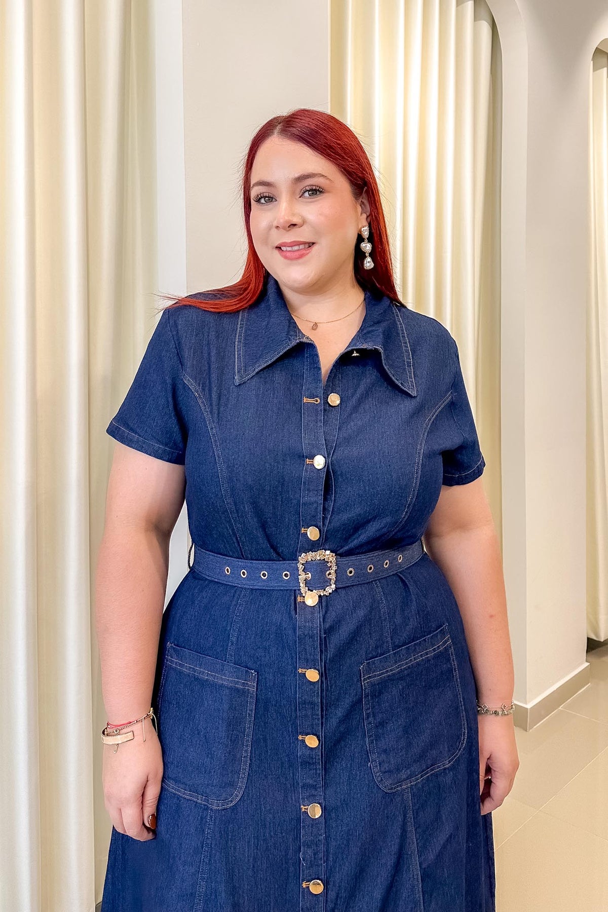 Maxi Vestido Camisero Curvy con Cinto Denim Oscuro
