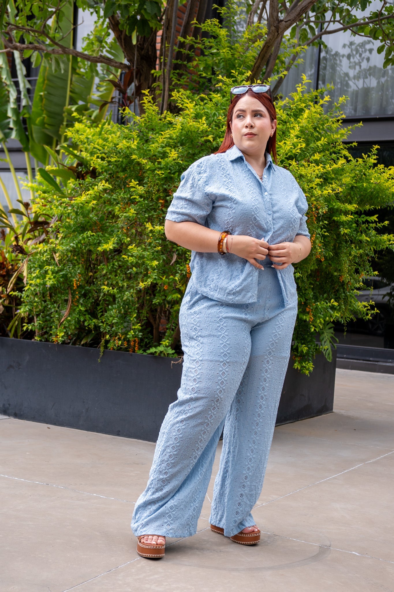 Set Blusa y Pantalon Curvy Algodon con Bordado Azul