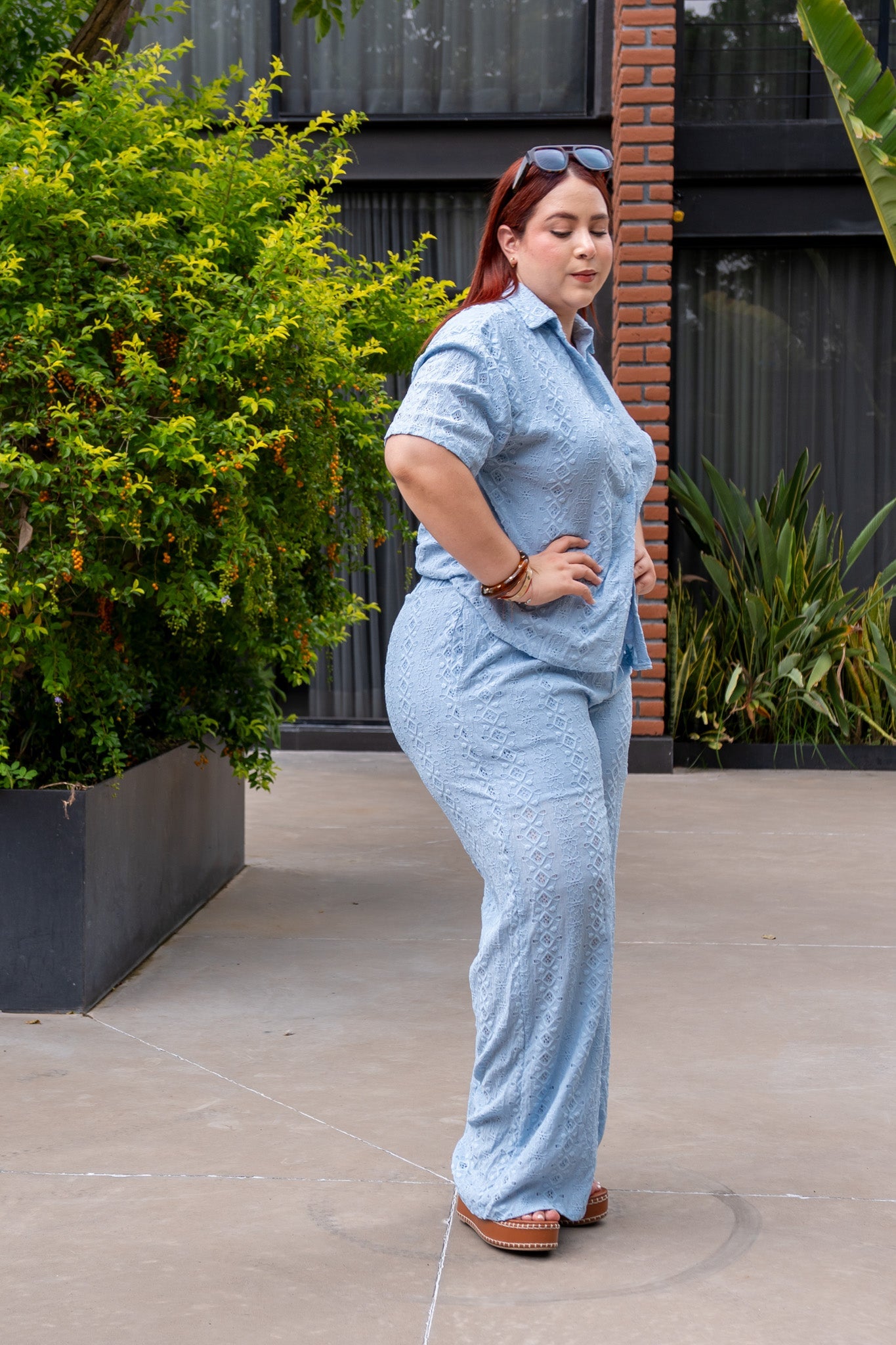 Set Blusa y Pantalon Curvy Algodon con Bordado Azul