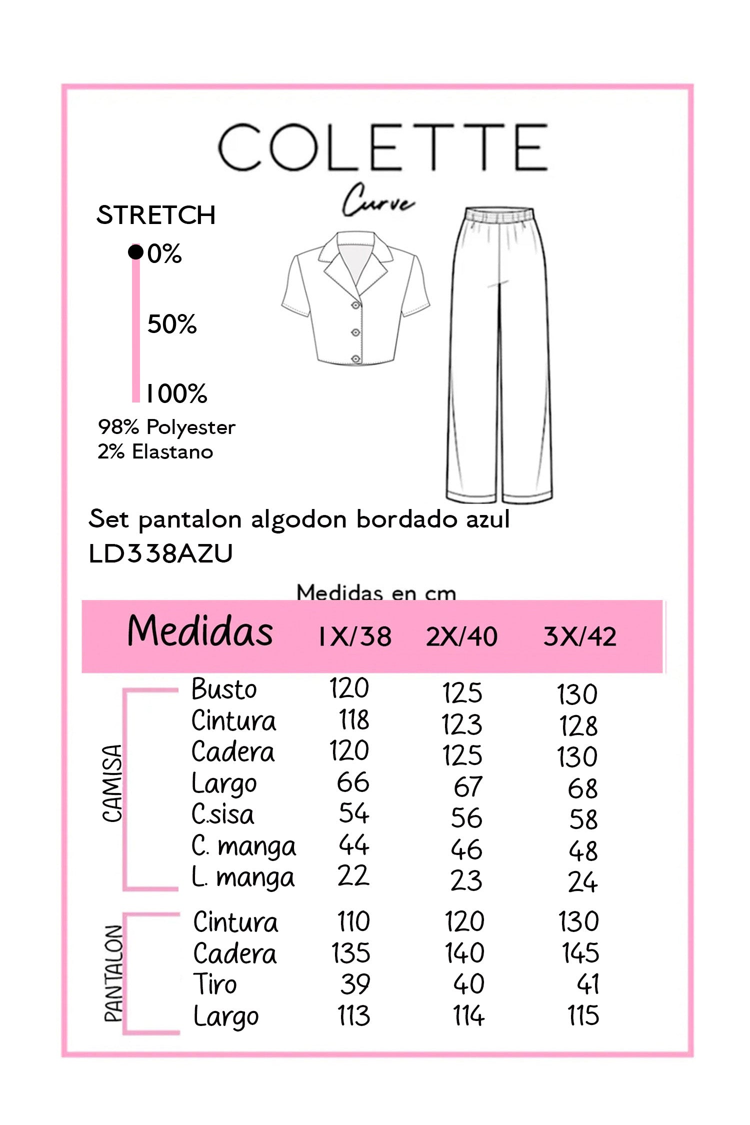 Set Blusa y Pantalon Curvy Algodon con Bordado Azul