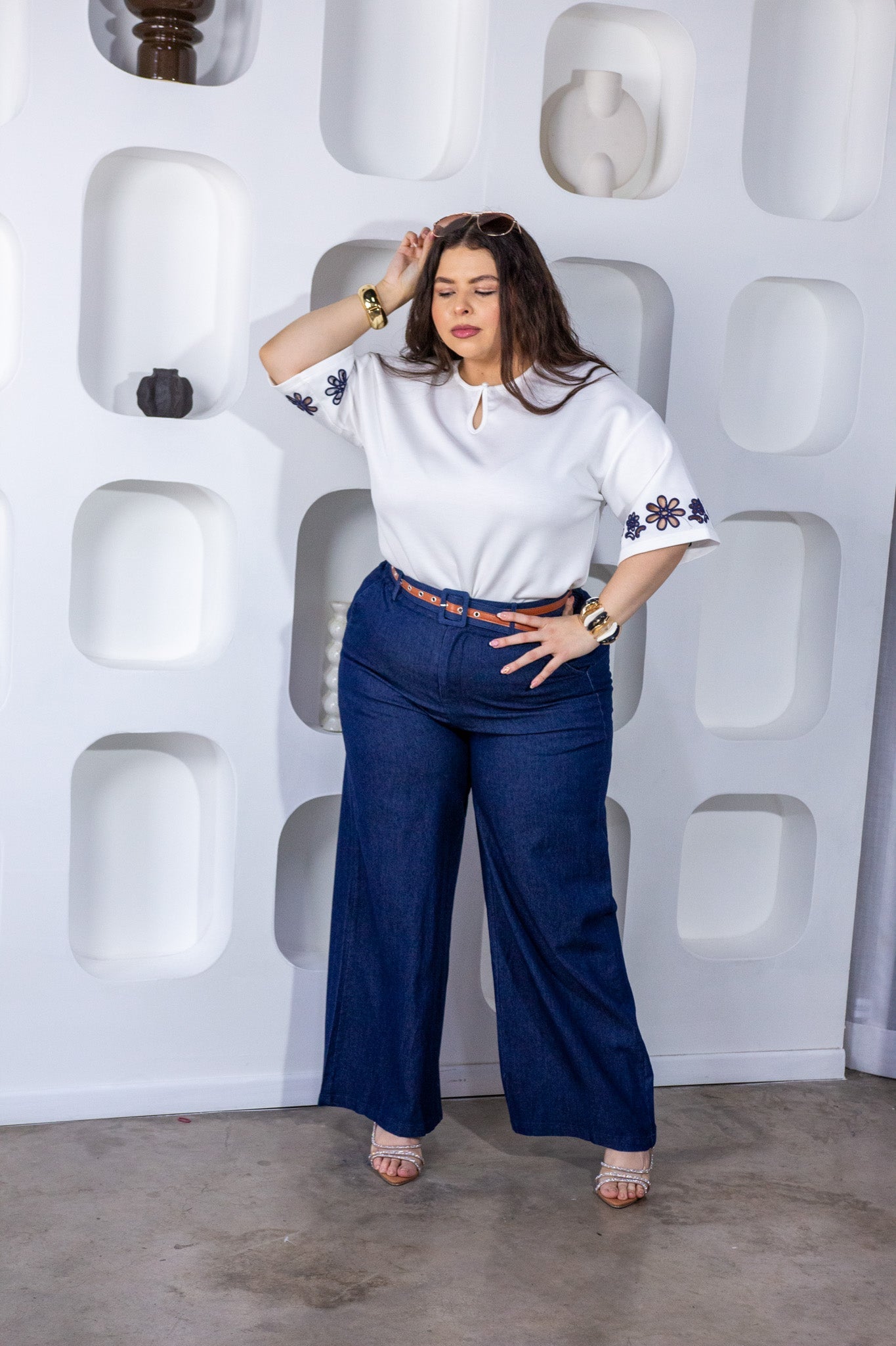 Pantalón Curvy Fluido Denim Wide Leg Cintura Alta Azul