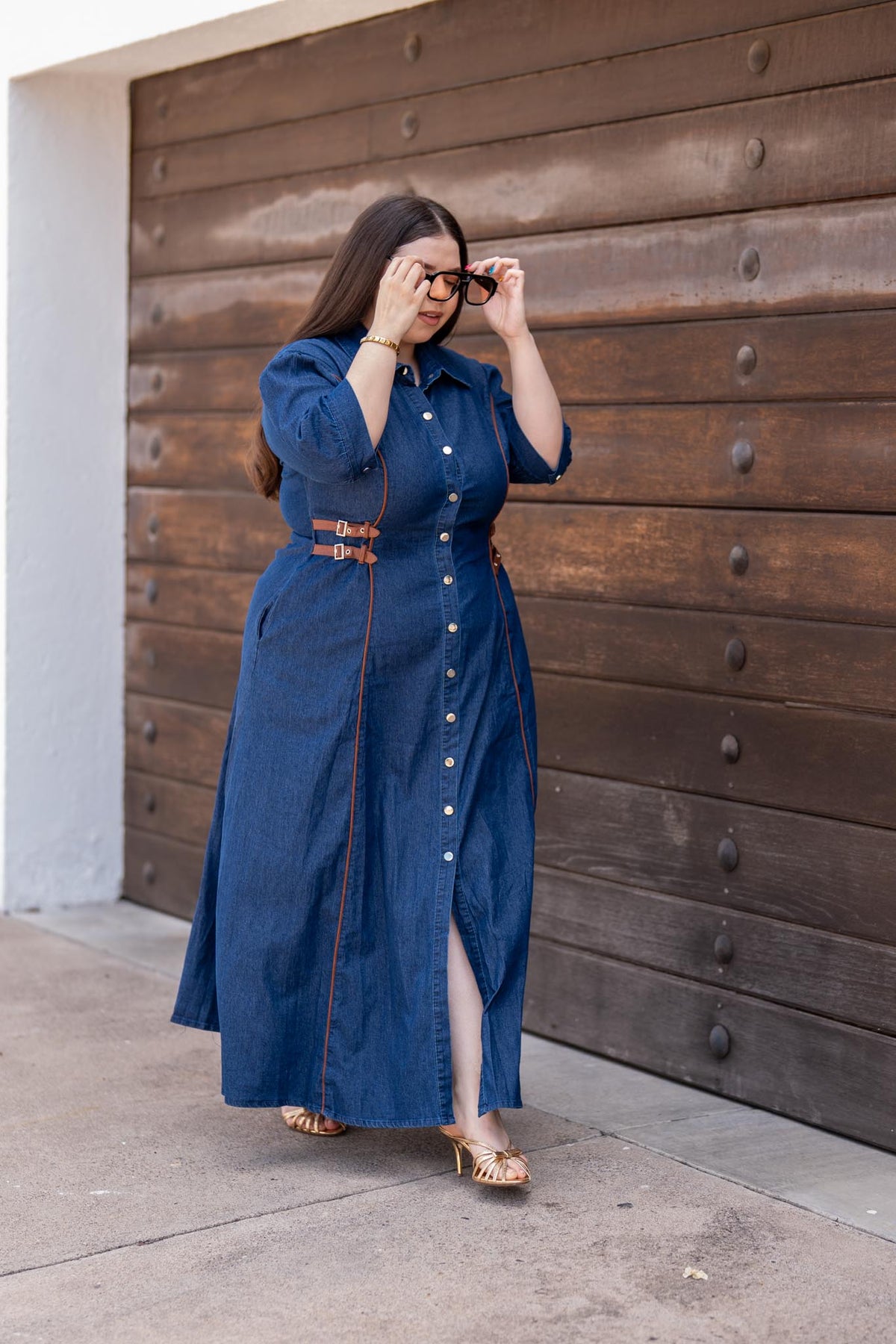 Maxi Vestido Camisero Denim con Cinturón Curvy Oscuro