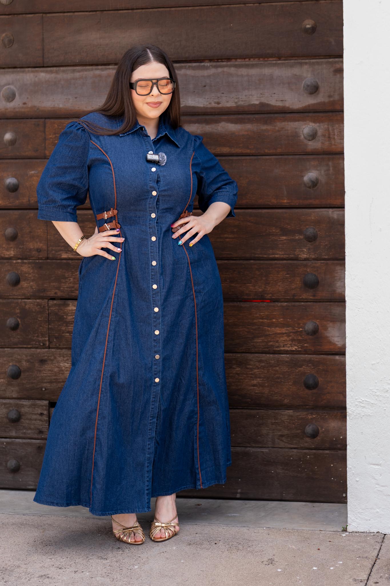 Maxi Vestido Camisero Denim con Cinturón Curvy Oscuro