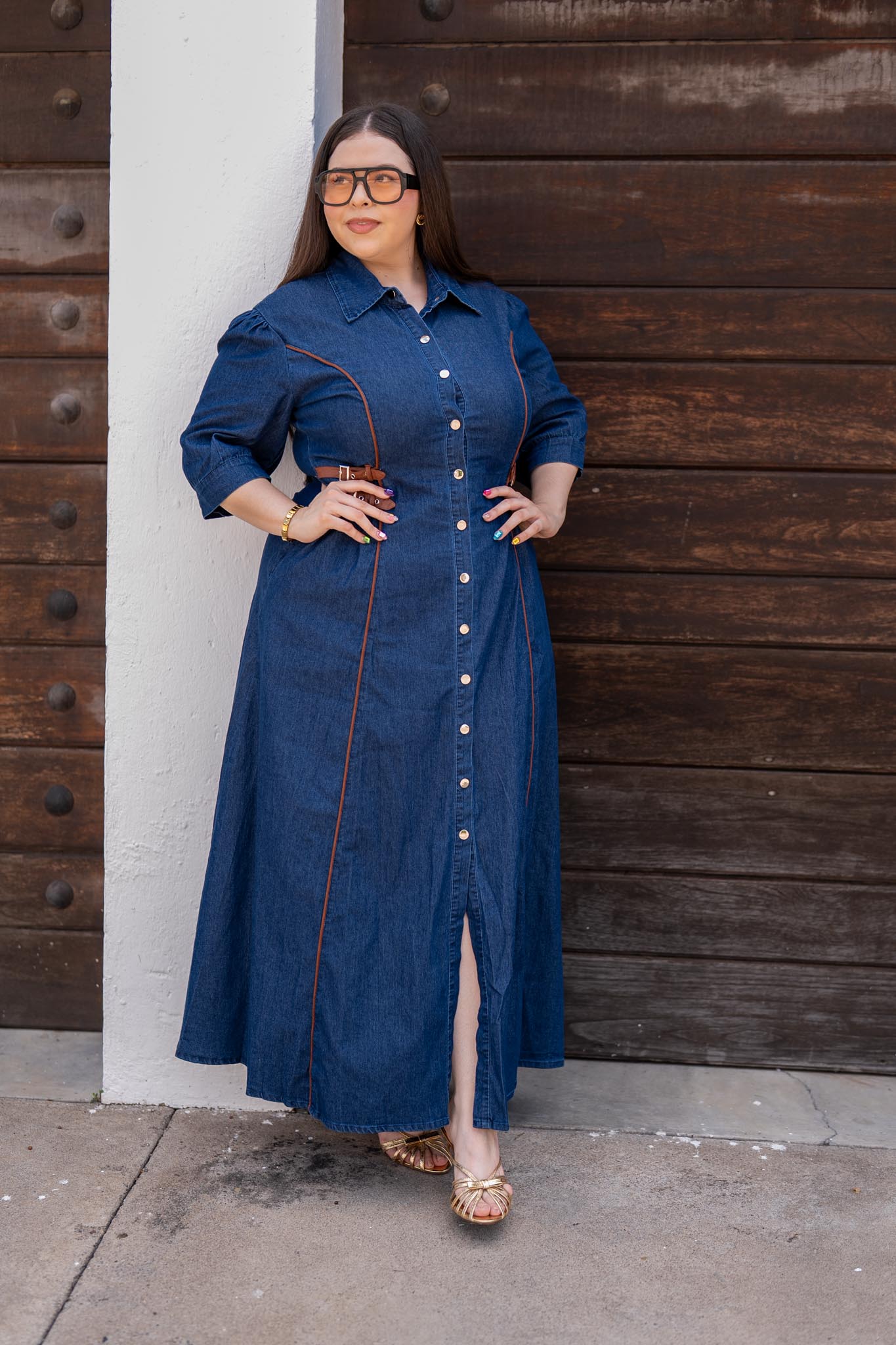 Maxi Vestido Camisero Denim con Cinturón Curvy Oscuro