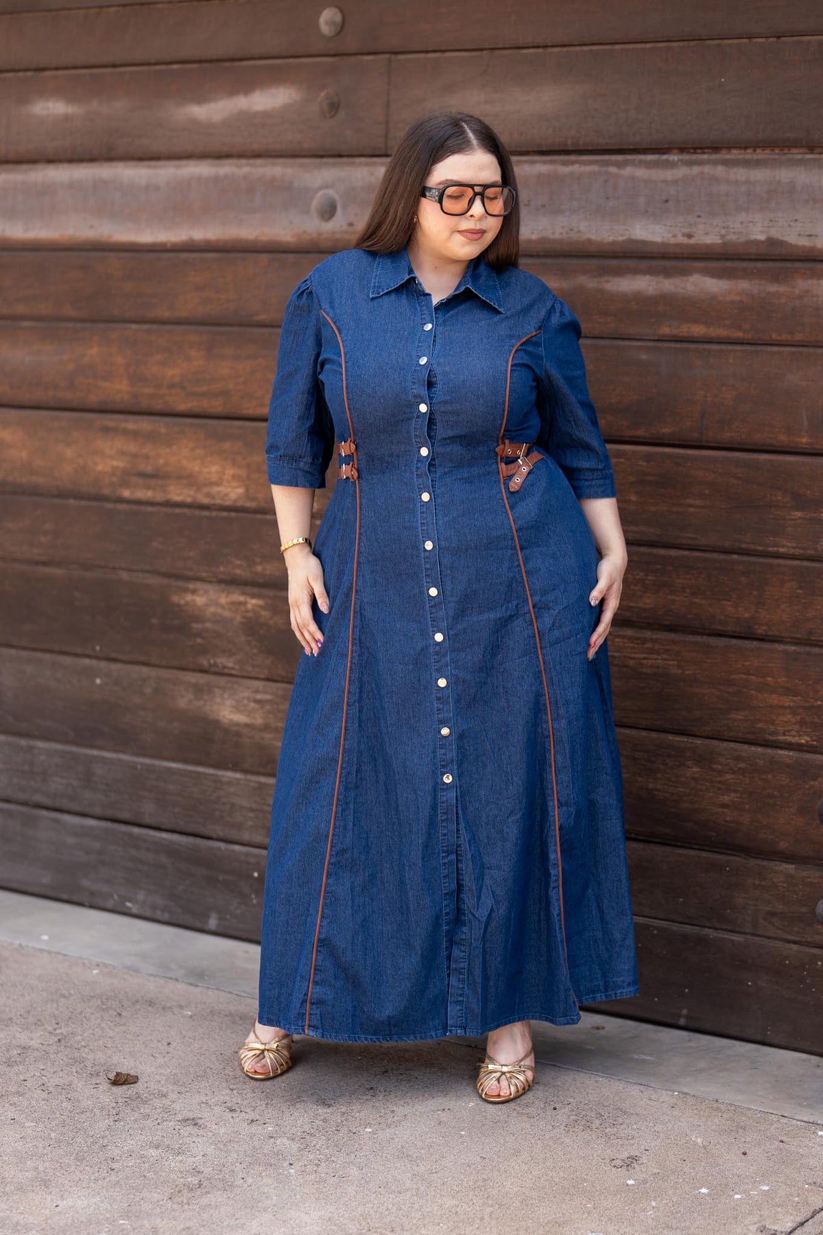 Maxi Vestido Camisero Denim con Cinturón Curvy Oscuro