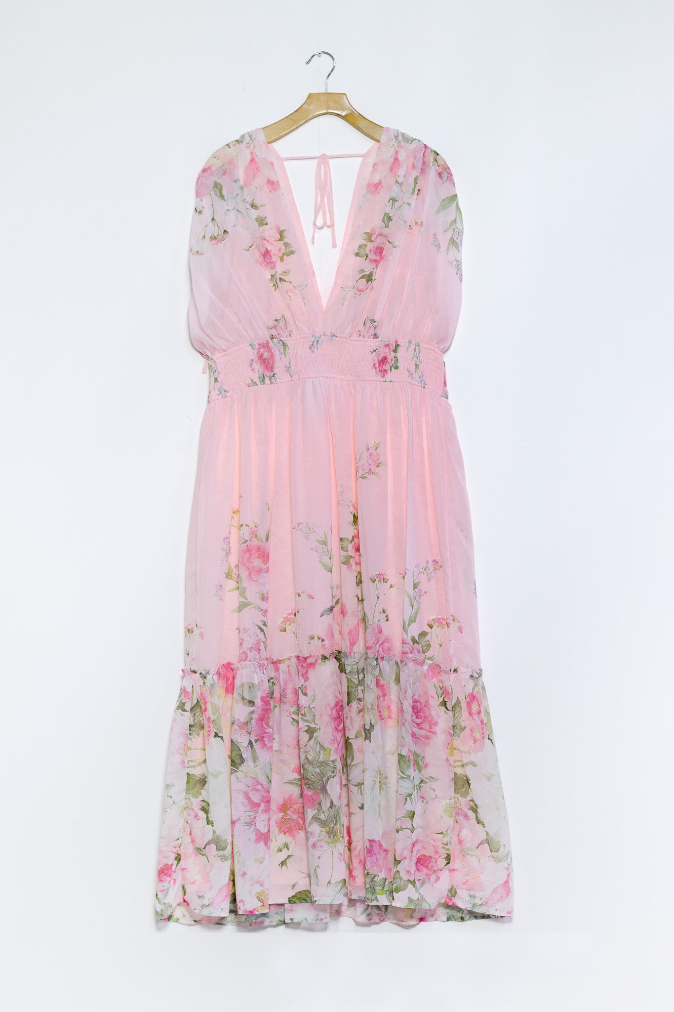 Maxi vestido gasa floral rosa