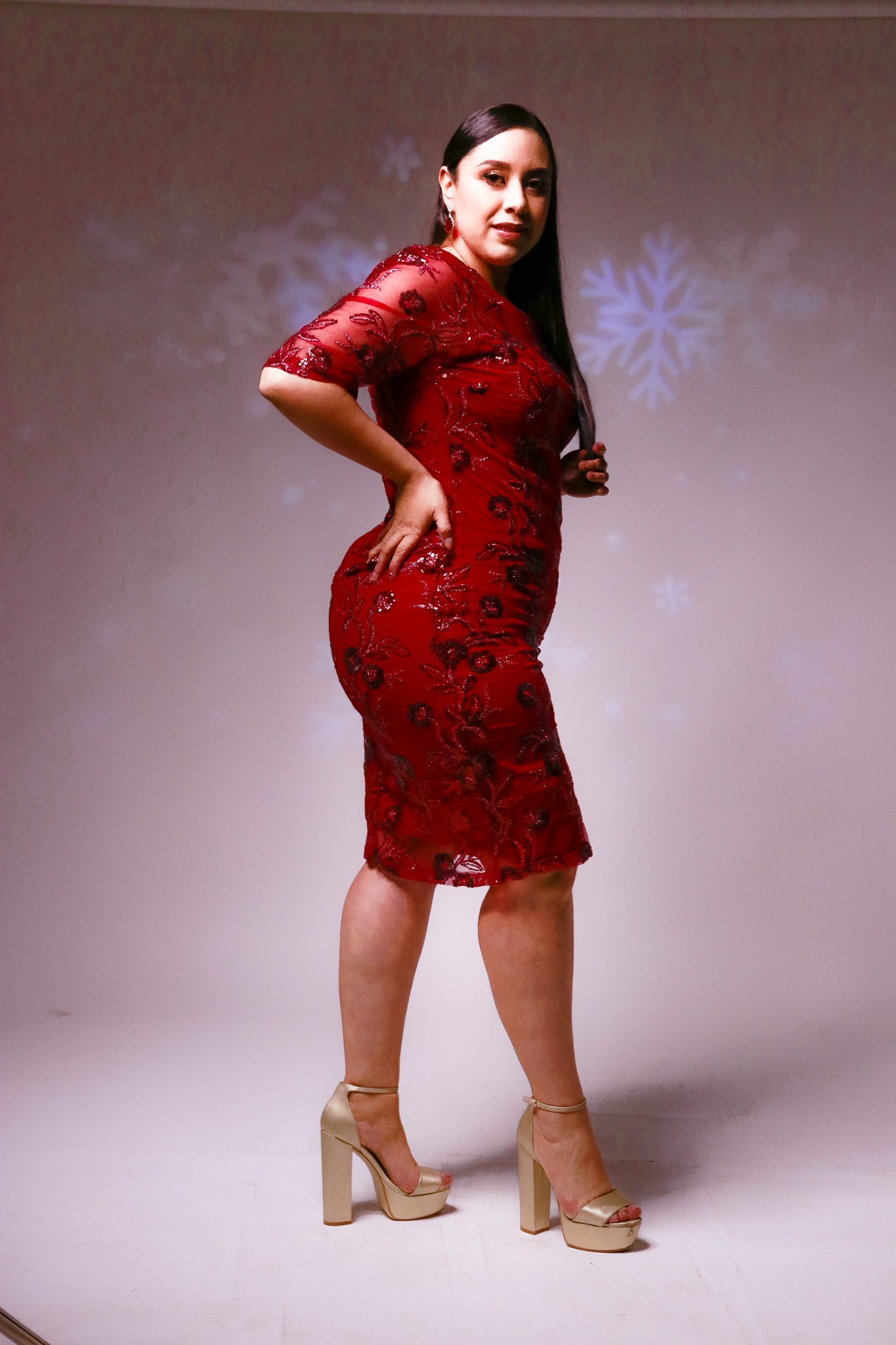 Vestido Flor de Lentejuela Rojo Plus Size para Mujer