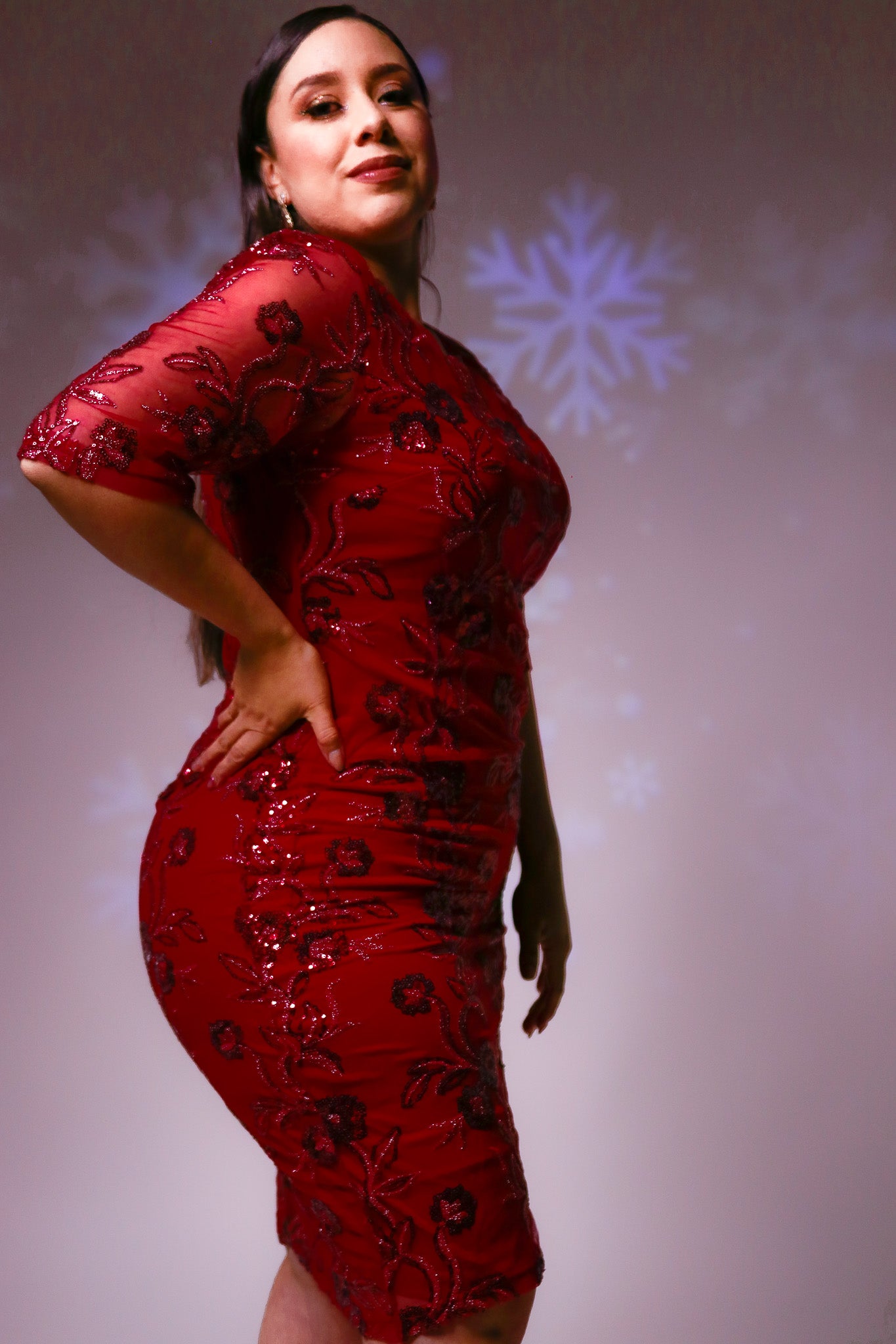 Vestido Flor de Lentejuela Rojo Plus Size para Mujer