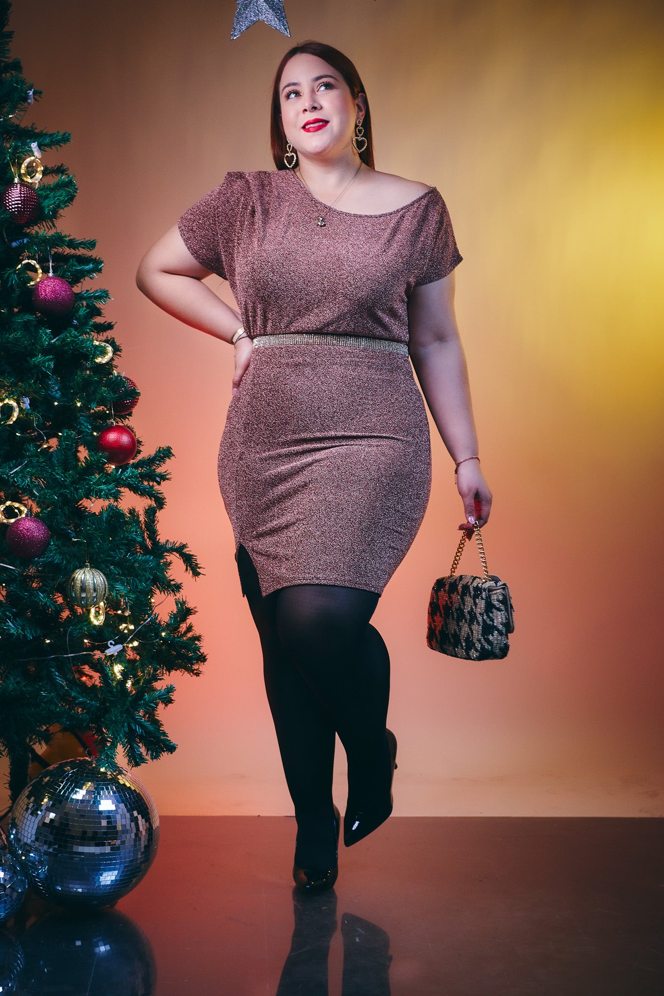 Vestido Corto Glitter Rosa Plus Size para Mujer