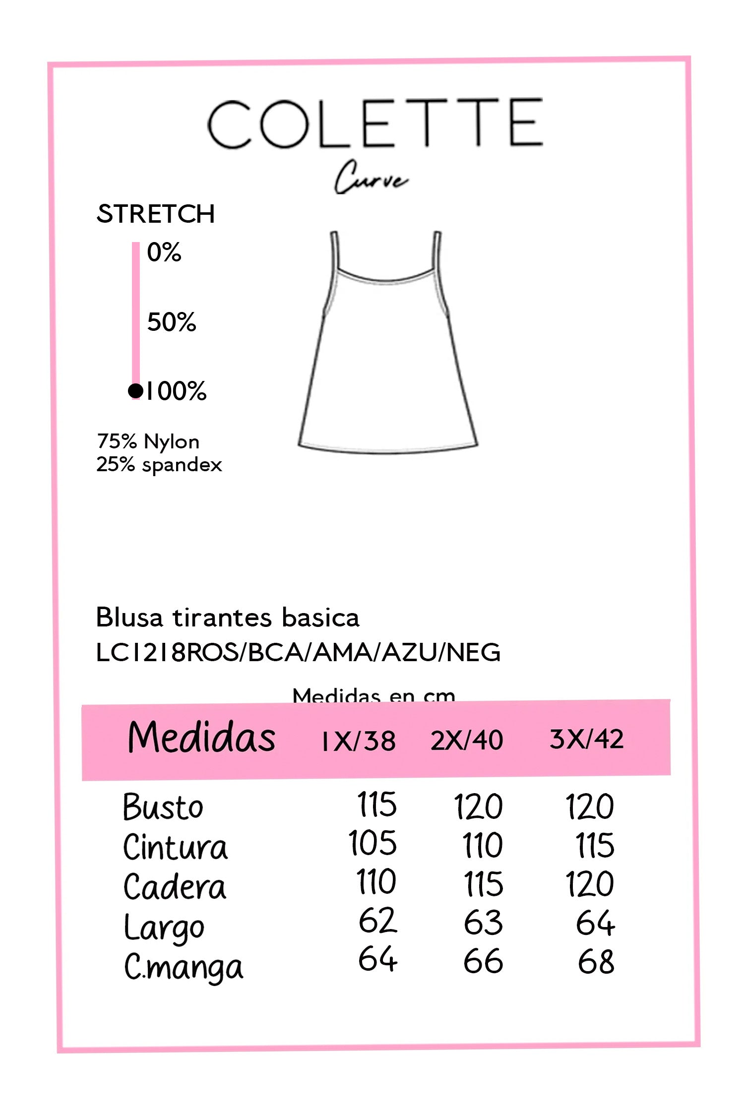 Blusa Curvy Camisola Tirantes Licra Azul Cielo Básica