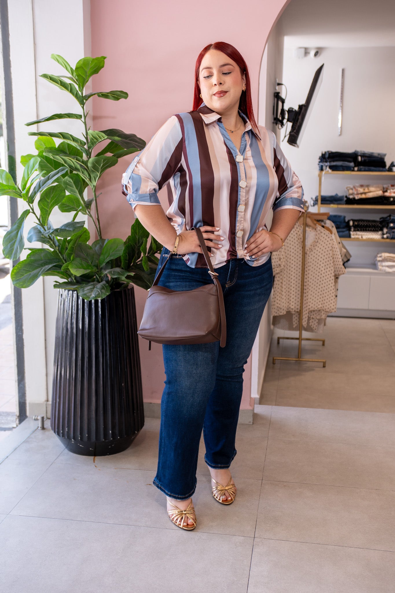 Camisa Curvy Satin Rayada Multicolor Cafe Vino Azul Cielo Rosa