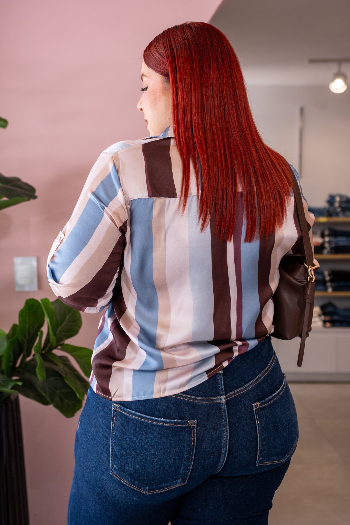 Camisa Curvy Satin Rayada Multicolor Cafe Vino Azul Cielo Rosa
