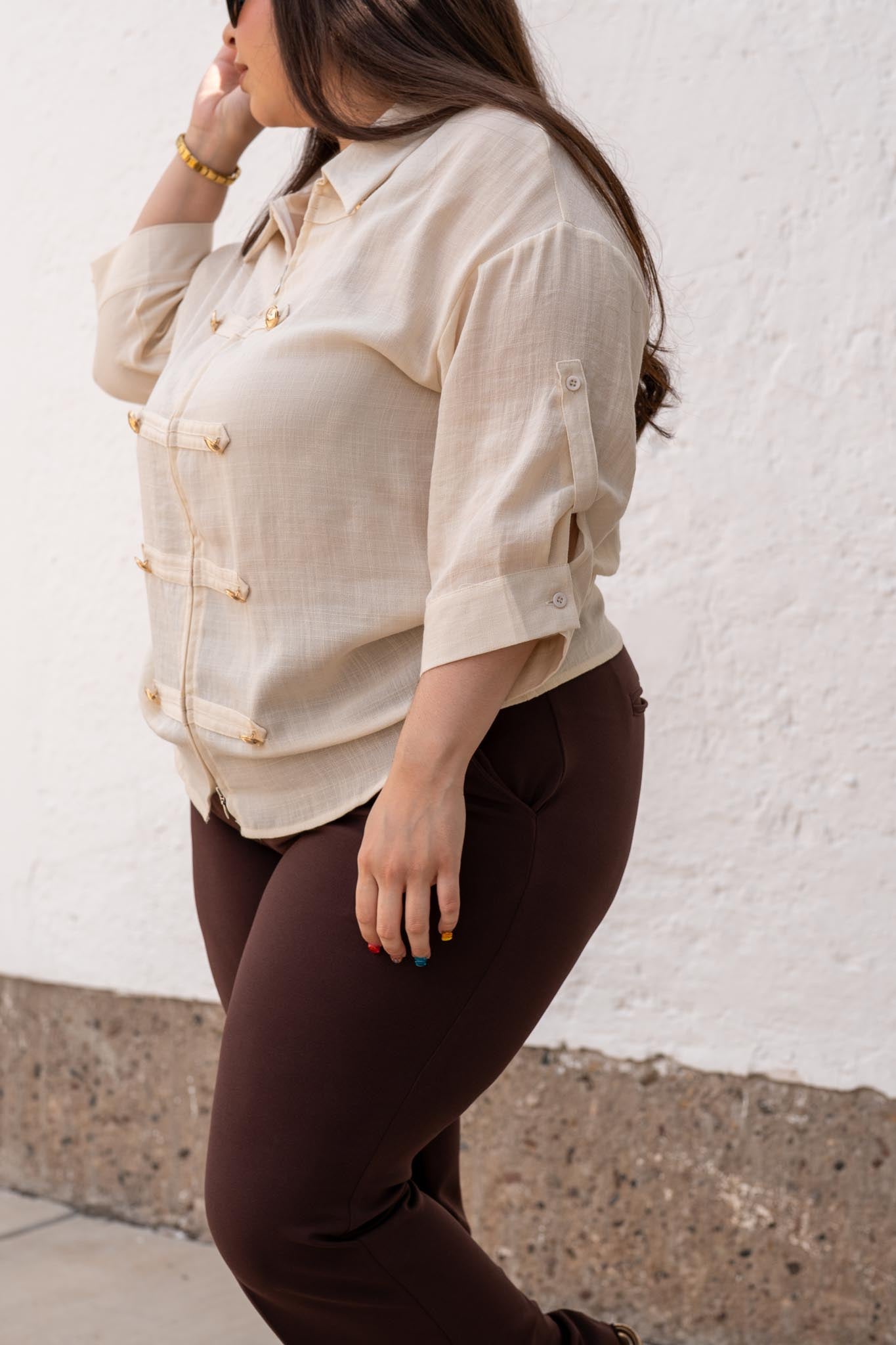 Camisa Curvy Zipper Detalle Botones Ivory Rayón