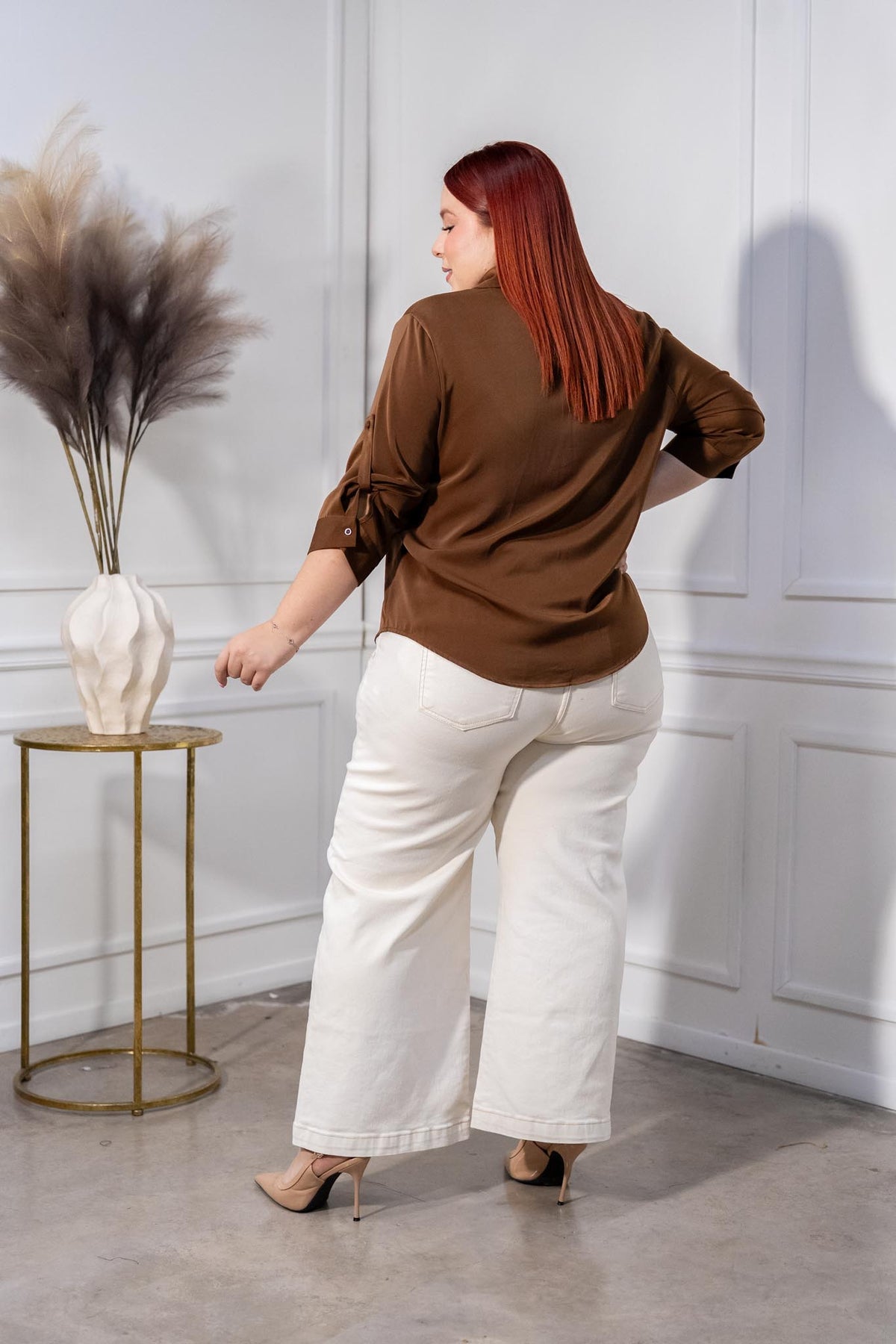 Camisa Curvy Satín Botones Maxi Manga 3/4 Café
