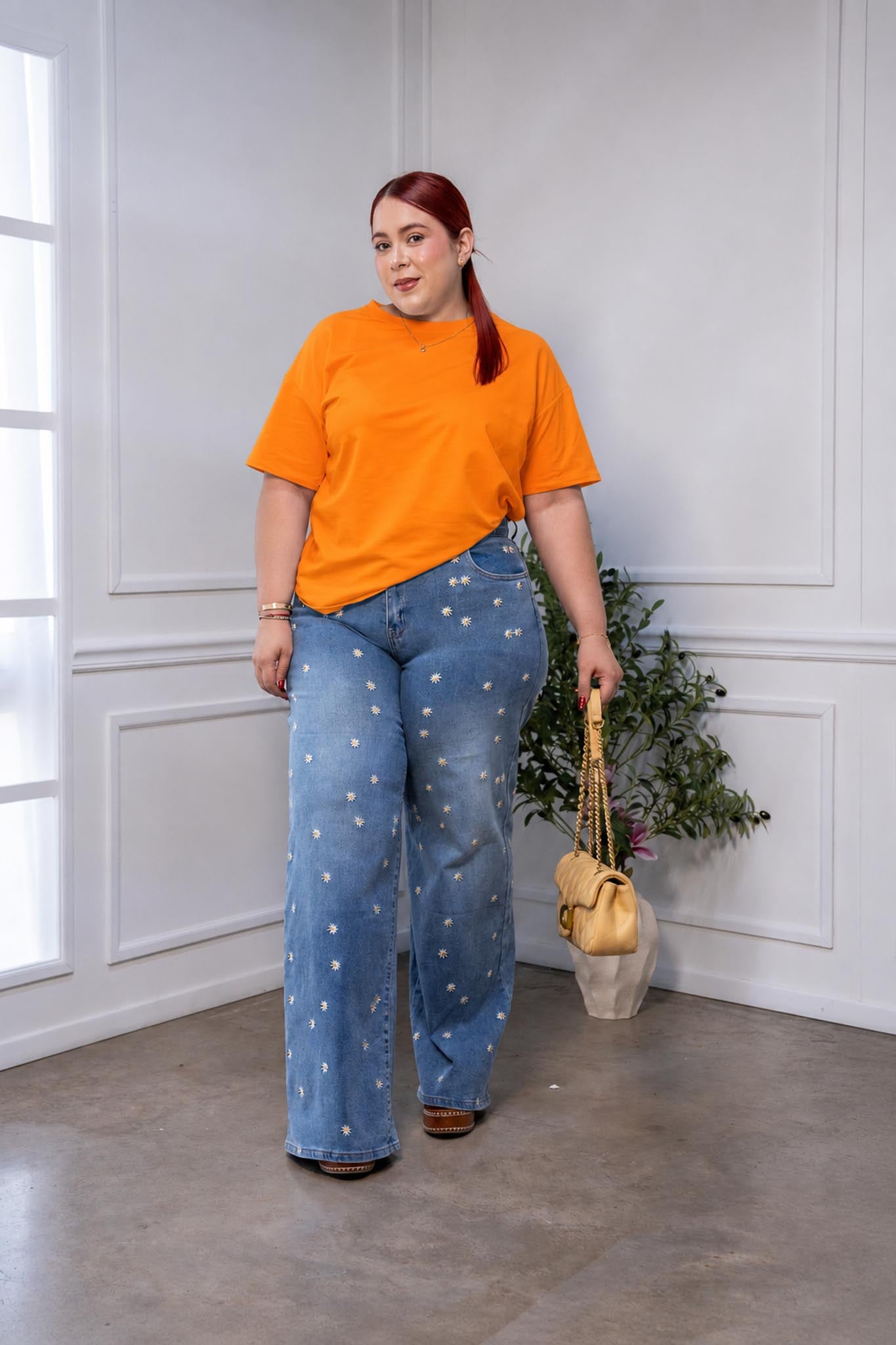 Playera Curvy Oversize Algodón Stretch Comodidad Lima y Naranja