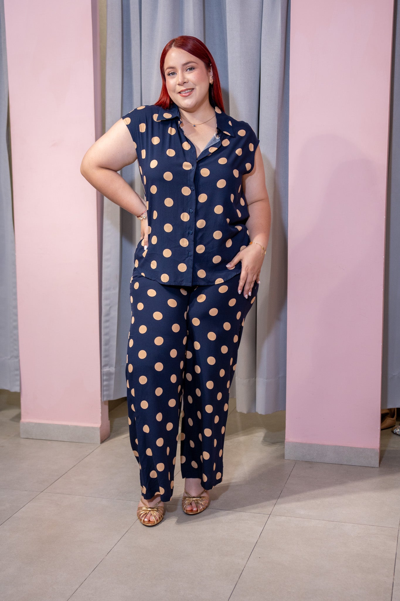 Set Blusa y Pantalon Wide Leg Curvy Polka Dots Caramelo Navy