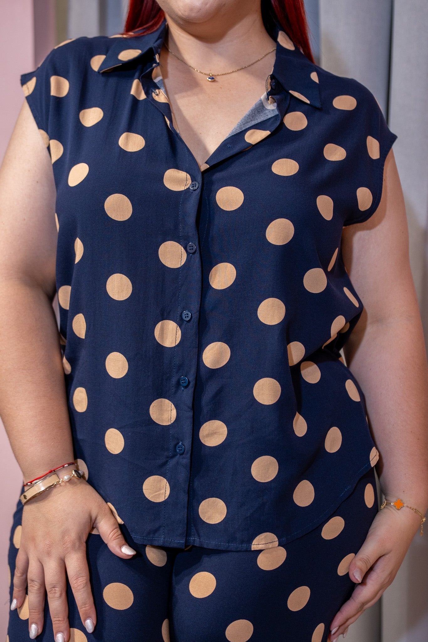 Set Blusa y Pantalon Wide Leg Curvy Polka Dots Caramelo Navy